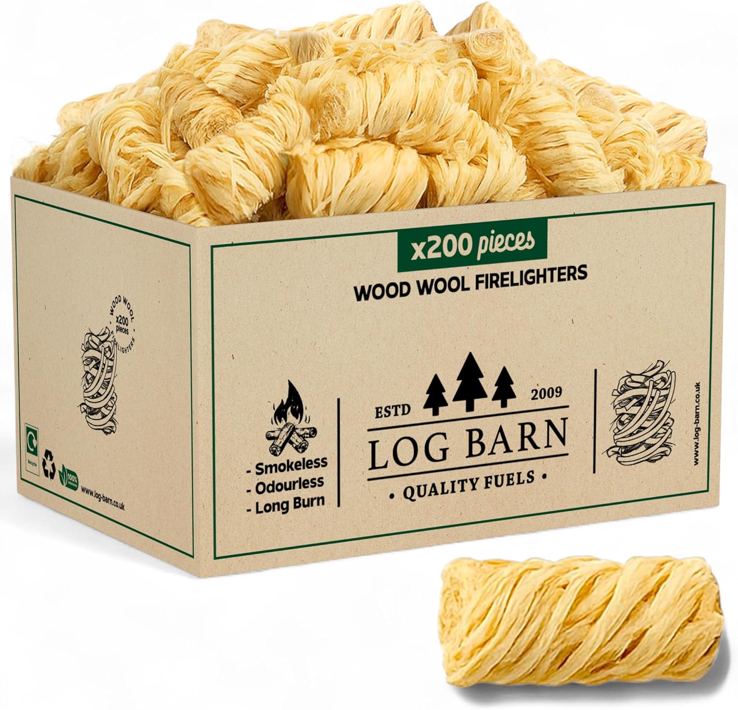 Log Barn Natural Firelighters Box of 200. Fire Lighters for Wood Burners, Pizza...