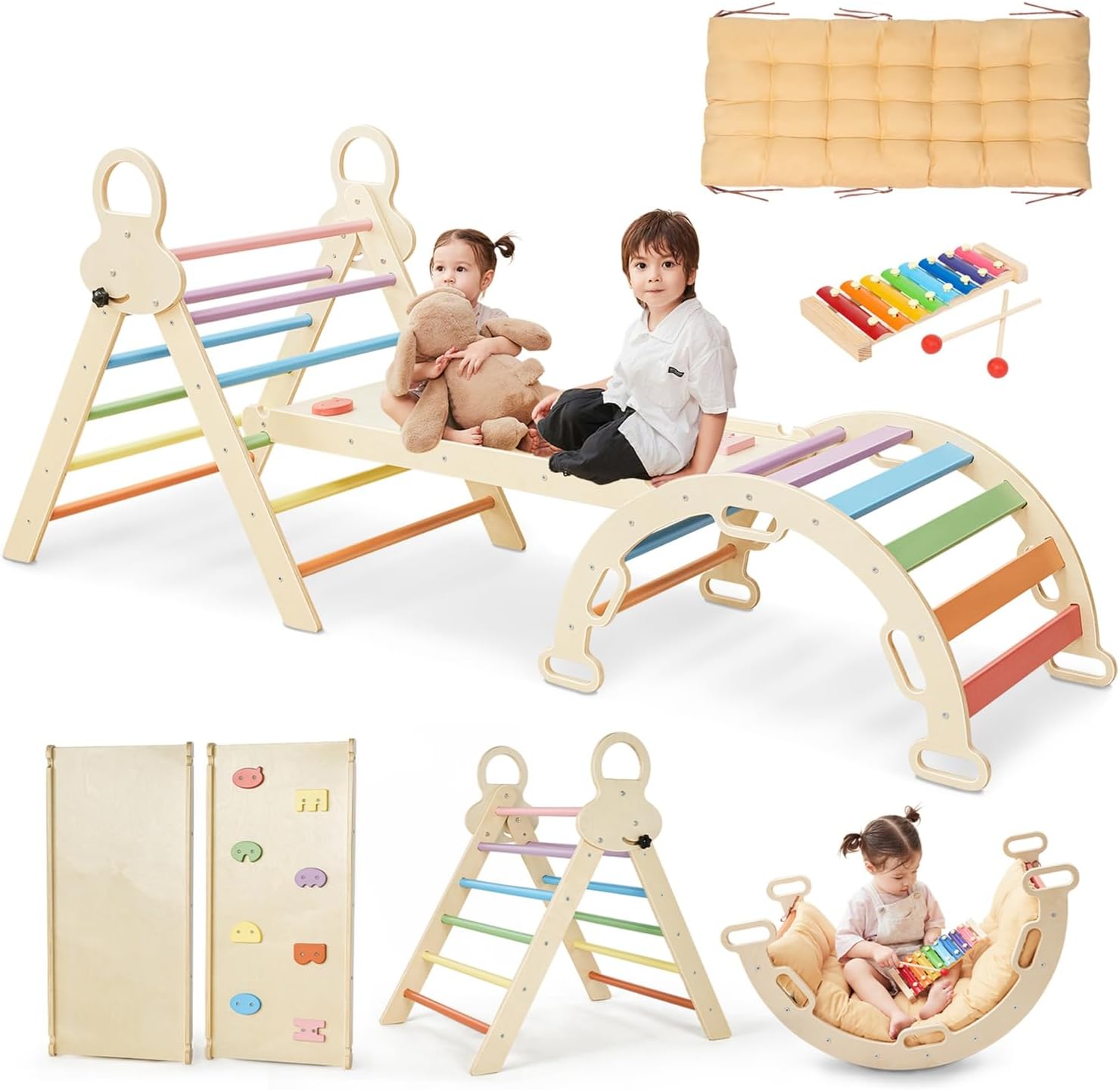 Pikler Triangle Set for Kids, 8 in 1 Colorful Montessori Large Climbing Toys for...