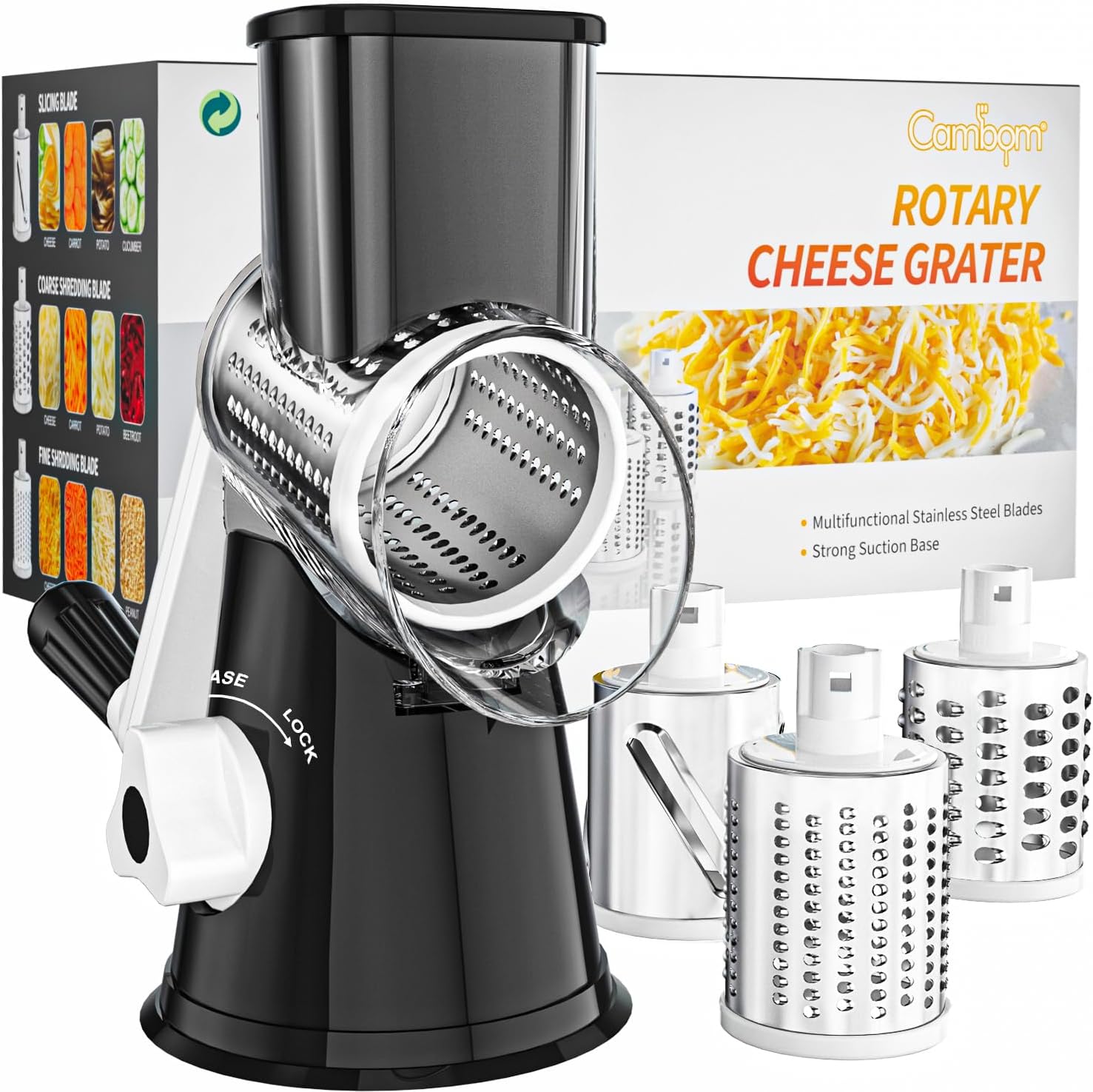 Cambom Rotary Cheese Grater Hand Crank Cheese Shredder for Fresh Cheese, Vegetab...