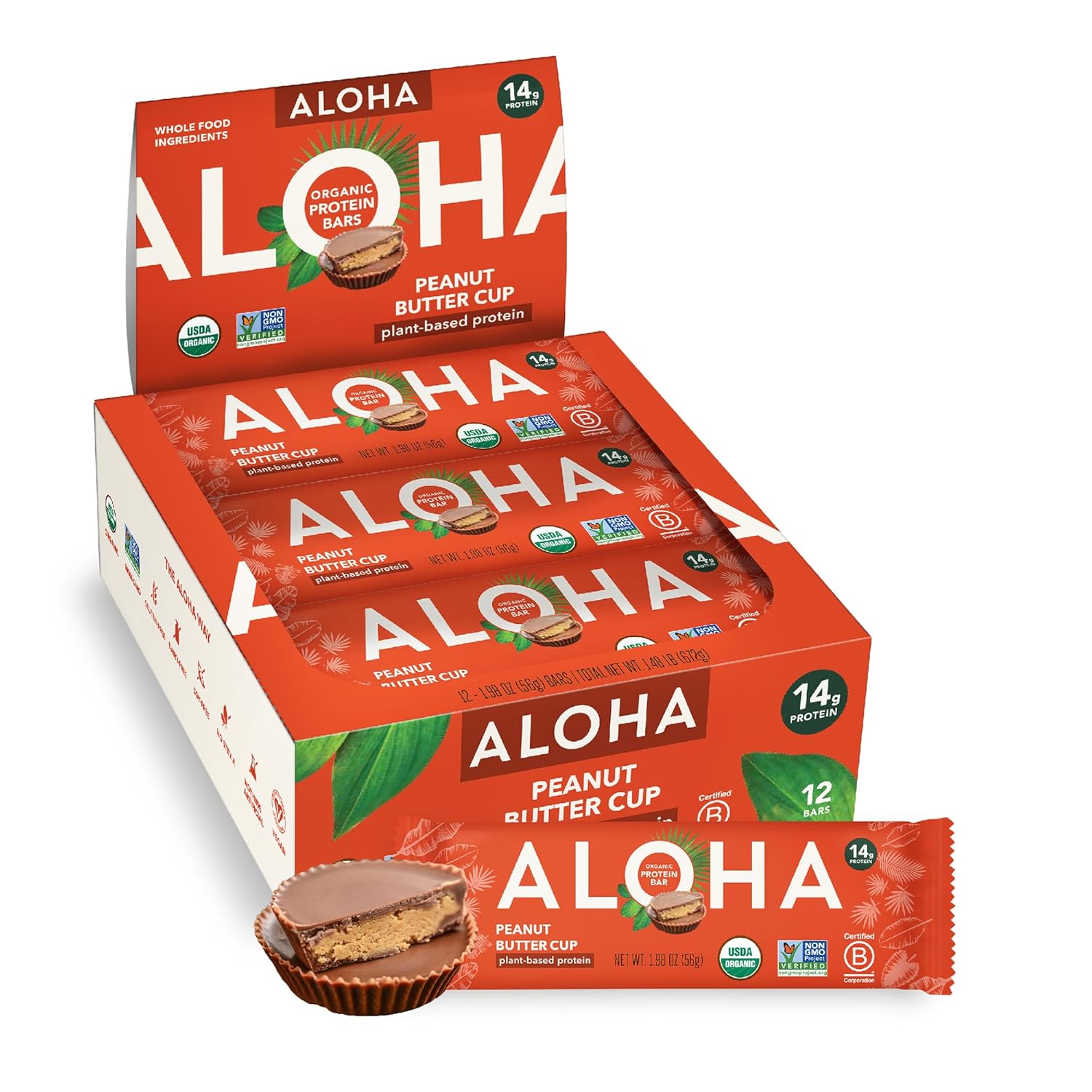 ALOHA Organic Plant Based Protein Bars - Peanut Butter Cup Bar - 12 Bars, Vegan,...