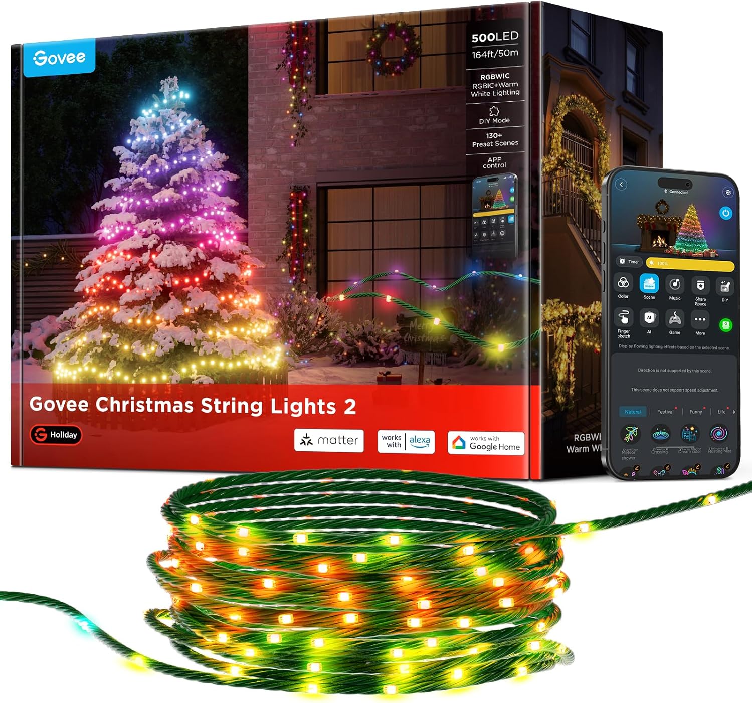Govee Christmas Lights 2, RGBWIC 164FT 500LEDs String Lights for Holiday Decor,...