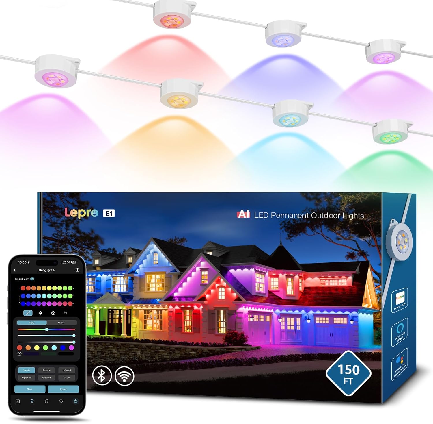 Lepro E1 AI Permanent Outdoor Lights APP Control, 150ft 90 LED Smart RGB+IC+Warm...
