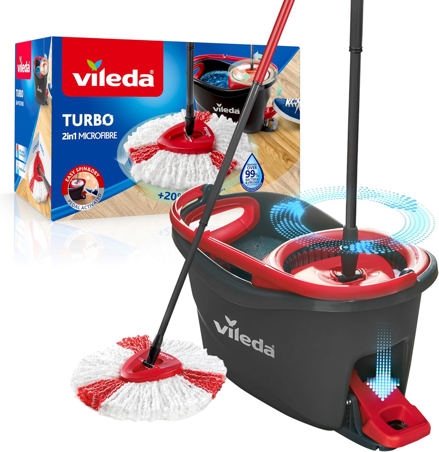 Vileda Turbo 2-in-1 Microfibre Spin Mop And Bucket Set, Spin Mop For Cleaning Fl...