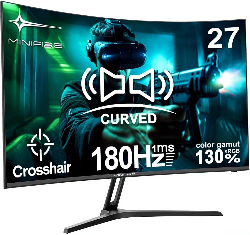 Minifire 27 Inch Gaming Monitor, 180Hz, Curved Gaming Monitor, Built in Speaker,...