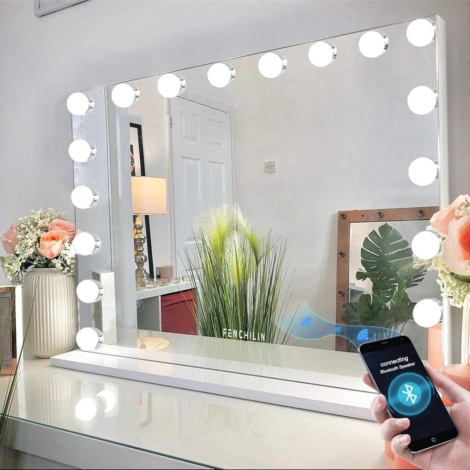 FENCHILIN Hollywood Vanity Mirror with Lights Large Makeup Mirror with 18 Dimmab...