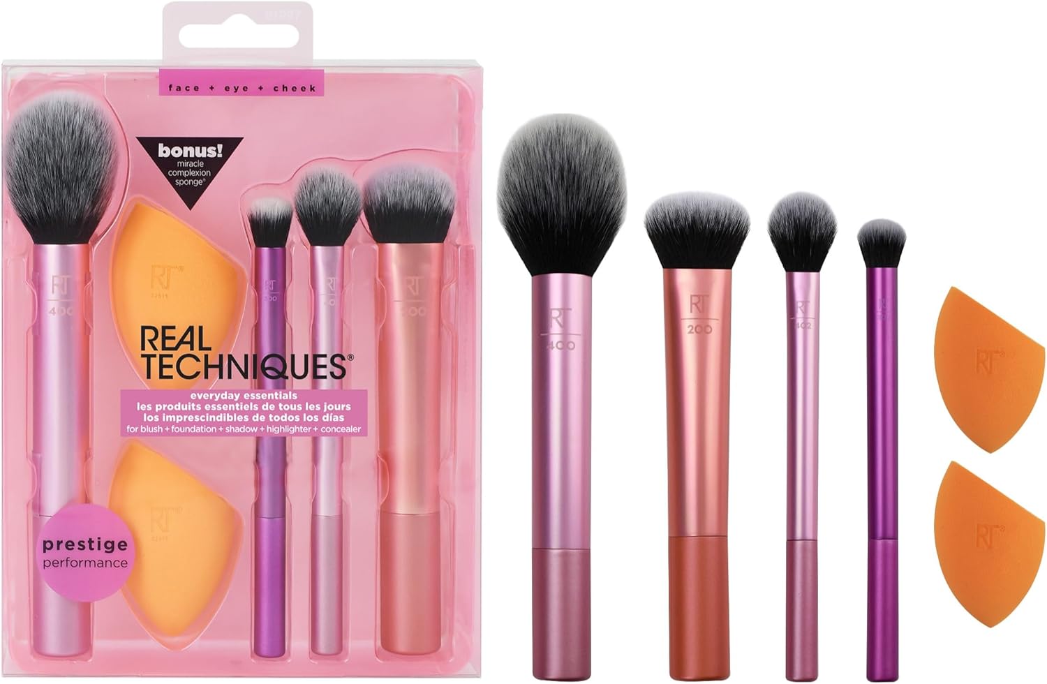 Real Techniques Everyday Essentials + Makeup Sponge Kit, 4 Makeup Brushes and 2...