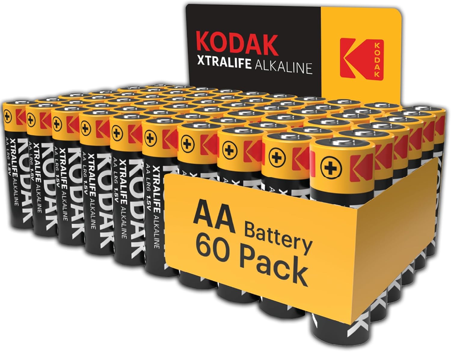 Kodak Xtralife 60-Pack AA Batteries, Double A Alkaline Battery Pack, 1.5V, 10-Ye...