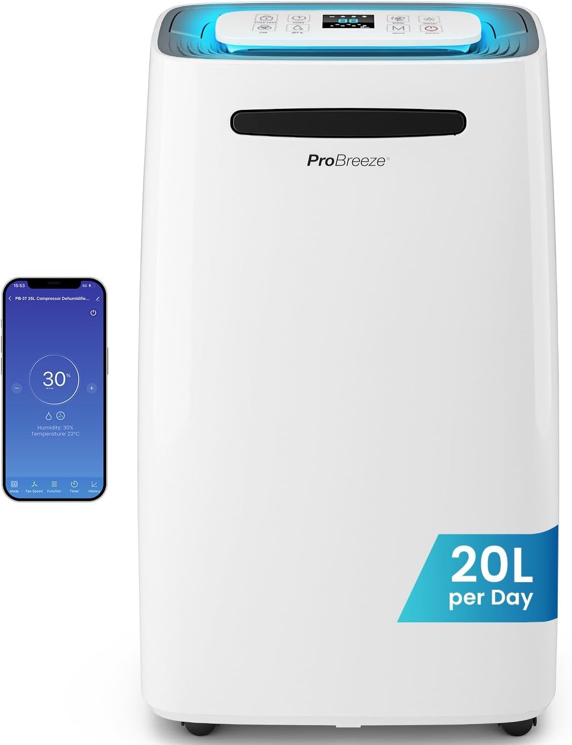 Pro Breeze® Smart Dehumidifier, Special 20L/Day Dehumidifier with Digital Humidi...
