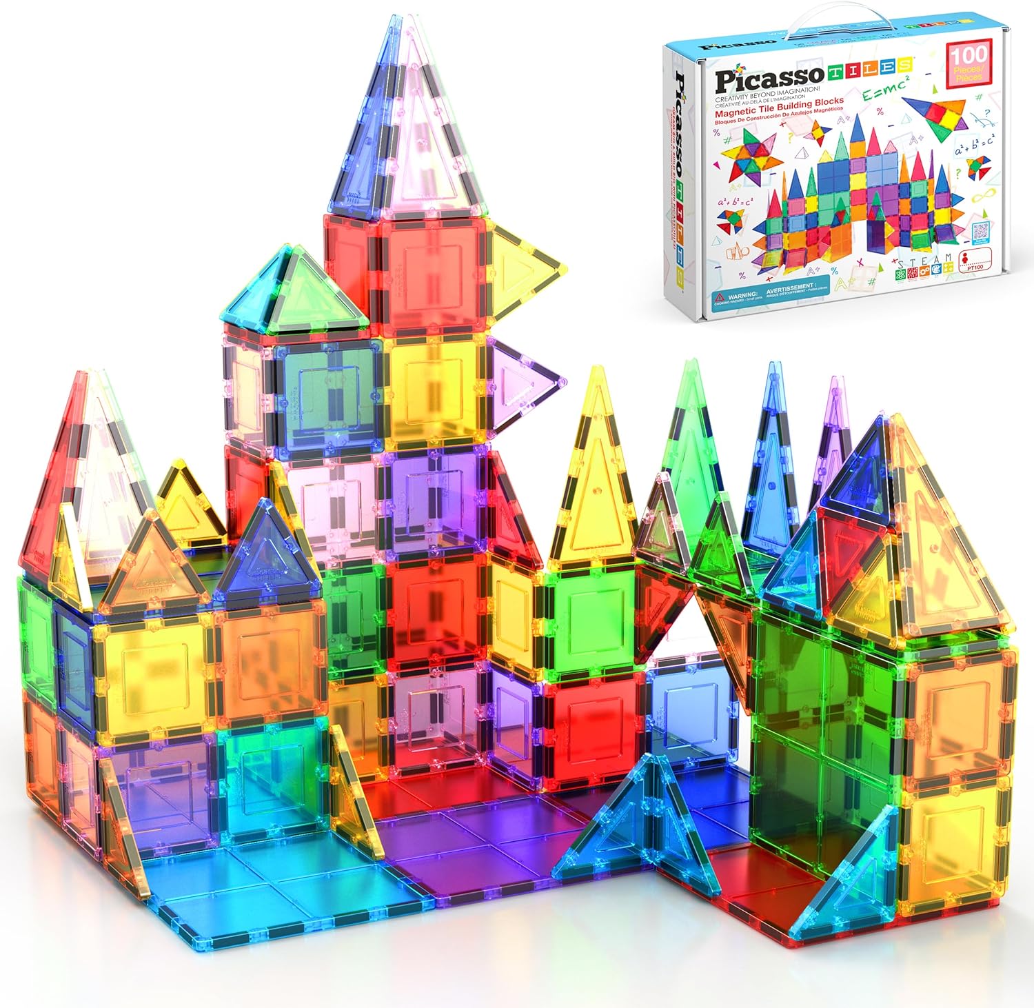 PicassoTiles 100 Piece Set 100pcs Magnet Building Tiles Clear Magnetic 3D Blocks...