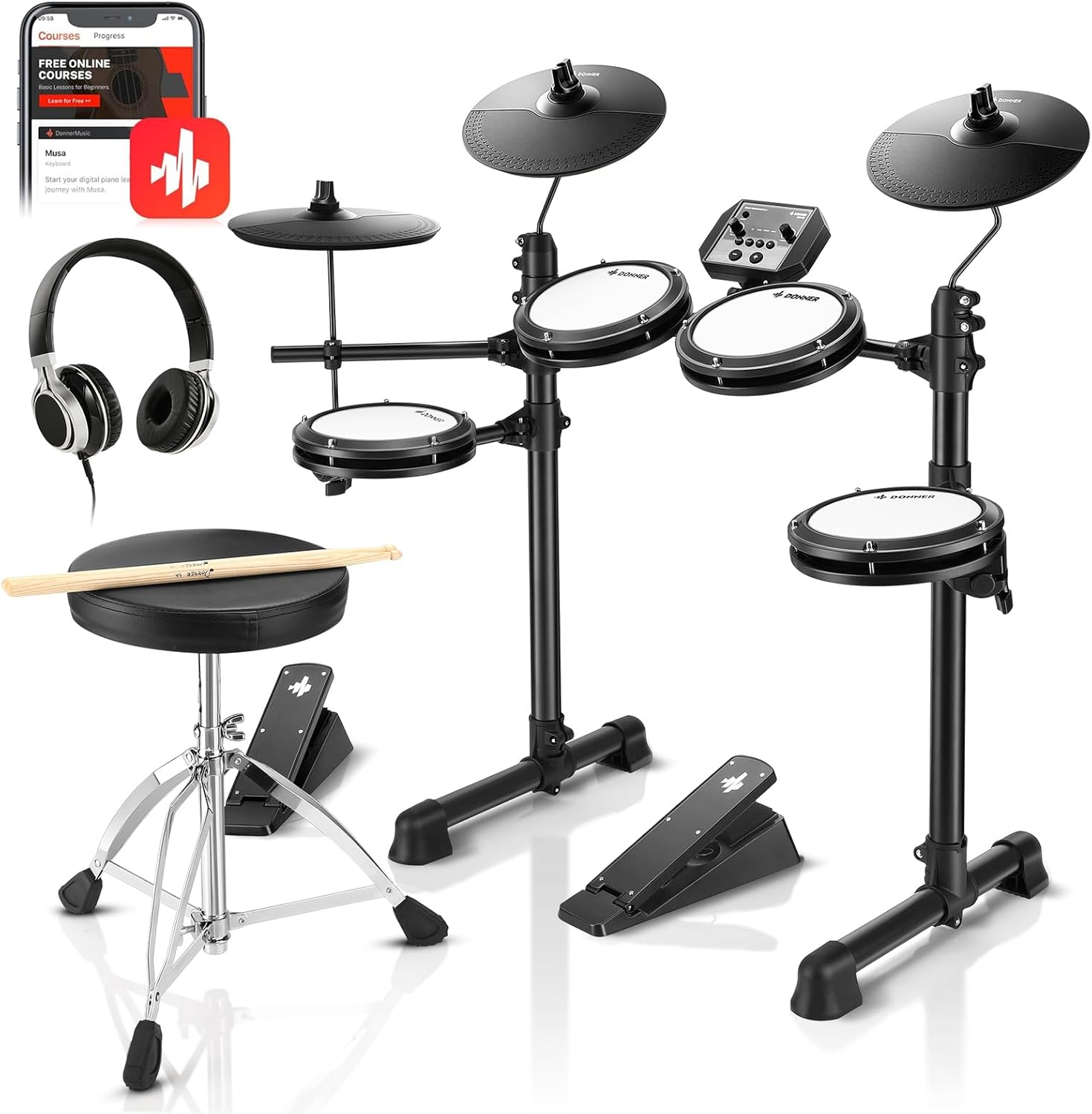 Donner DED-80 Electronic Drum Set with 4 Quiet Mesh Pads, 180+ Sounds, 2 Pedals,...