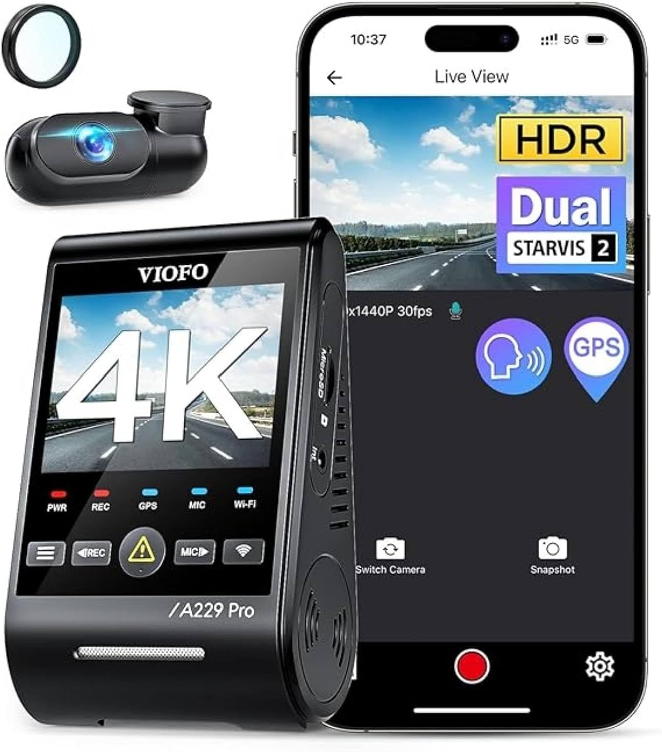 VIOFO A229 Pro 4K HDR Dash Cam, Dual STARVIS 2 IMX678 IMX675, 4K+2K Front and Re...