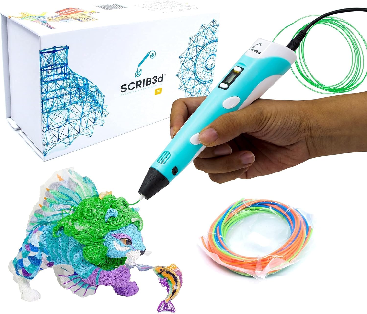 SCRIB3D P1 3D Printing Pen with Display - Includes 3D Pen, 3 Starter Colors of P...