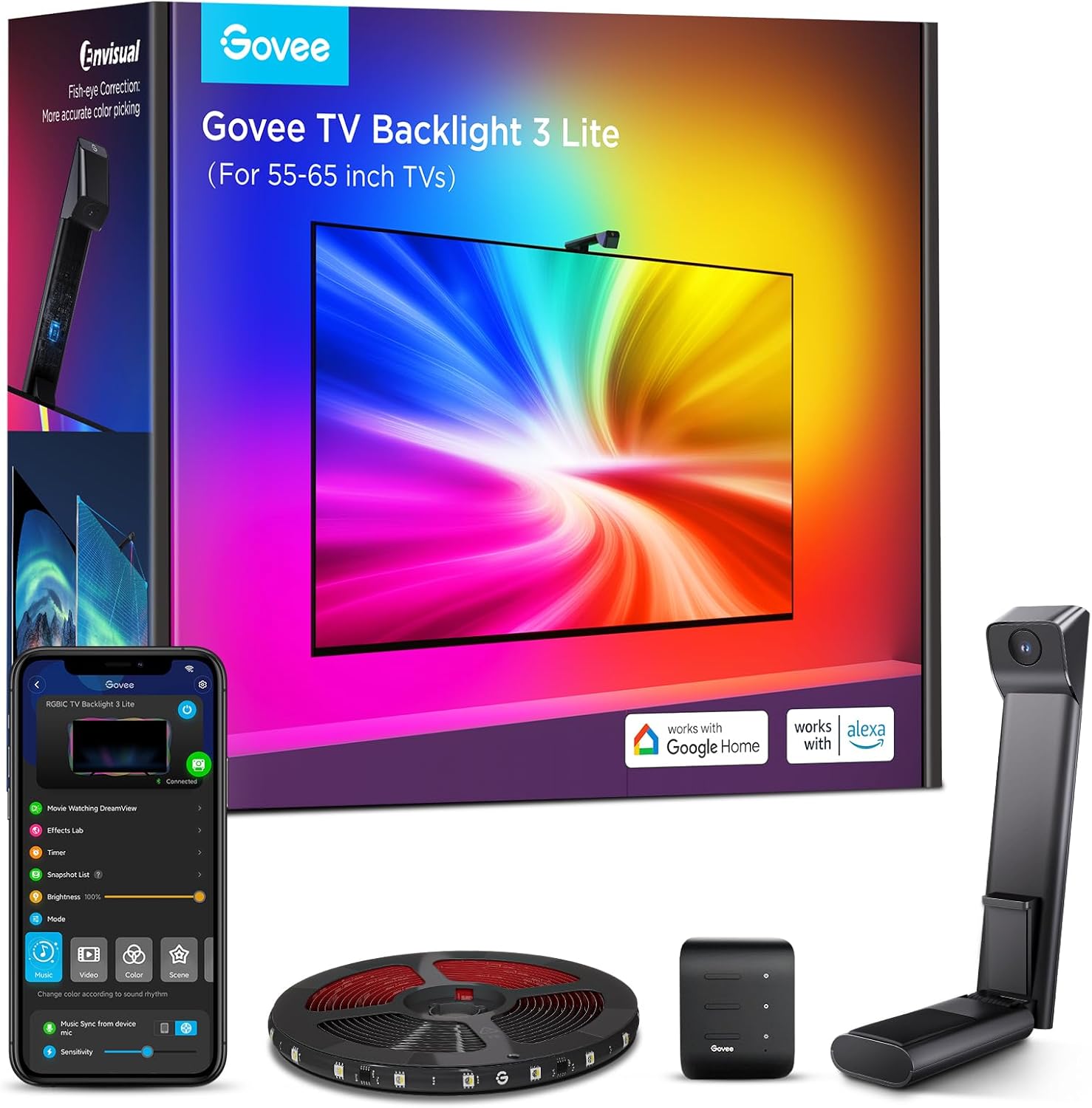 Govee TV Backlight 3 Lite with Fish-Eye Correction Function Sync to 55-65 Inch T...