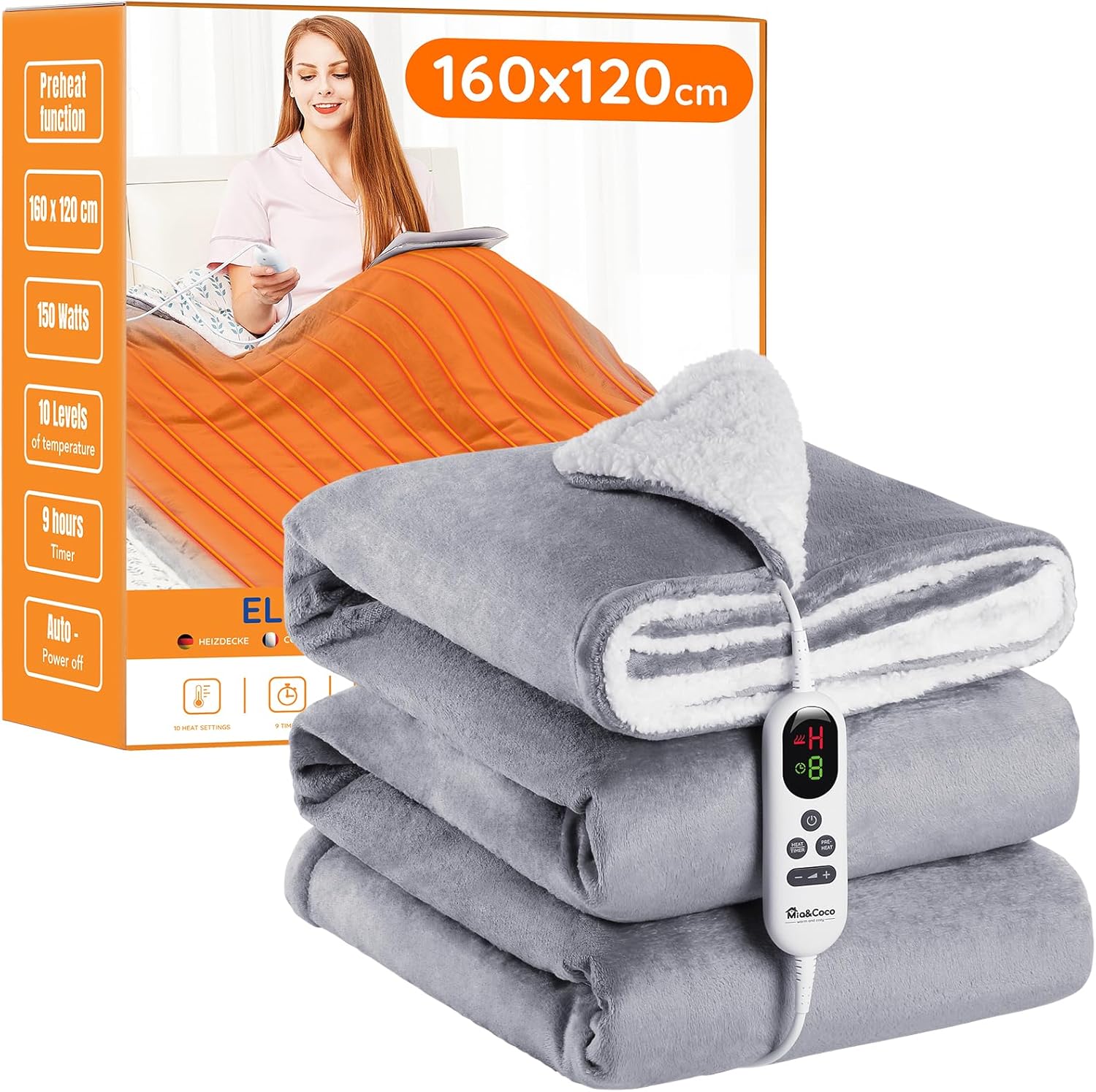 Mia&Coco Electric Heated Blanket Throw Flannel Sherpa Fast Heating 120x160cm, 10...