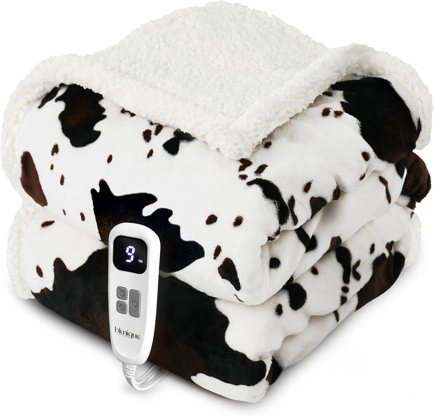 Cow Print Heated Blanket, Unique Electric Blanket with 10 Heat Levels, Stylish H...