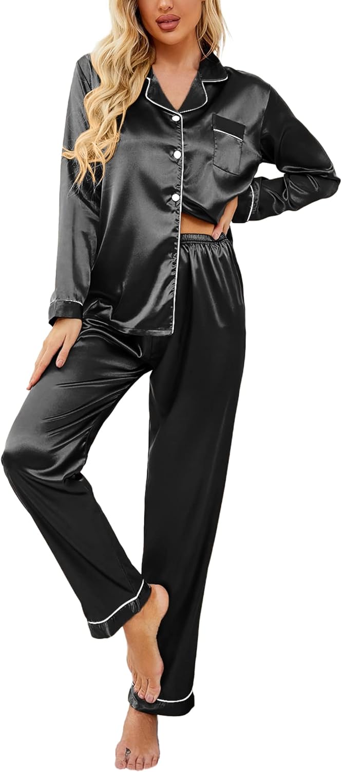 Ekouaer Women's Classic Button Down Long Satin Silk Pajama Set Black Medium