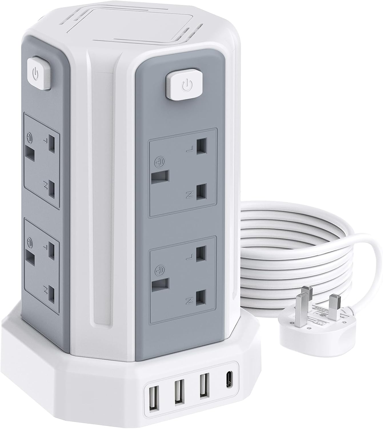 Tower Extension Lead 2M, (13A 3250W) 4 USB Ports and 8 Way Extension Tower, Surg...