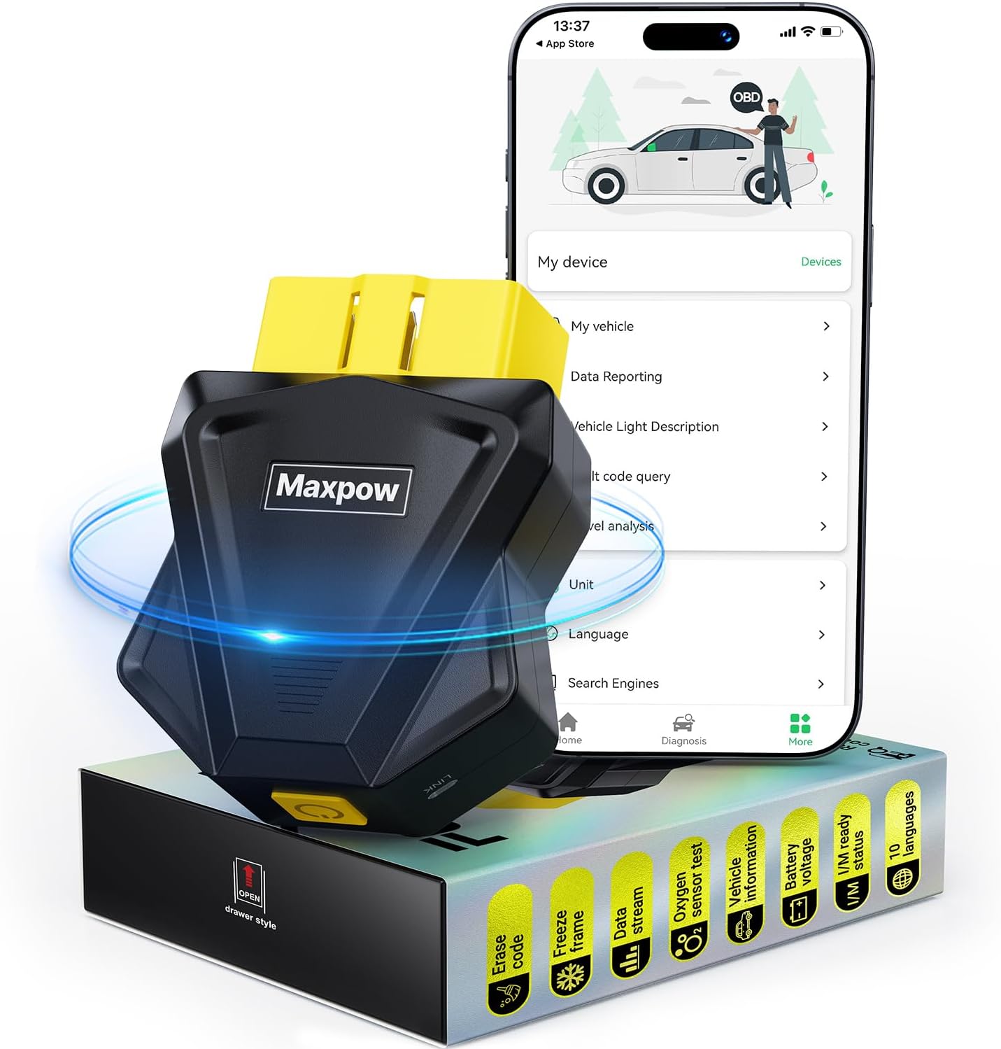 Maxpow OBD2 Scanner Diagnostic Tool - Wireless Bluetooth Car Fault Code Reader f...