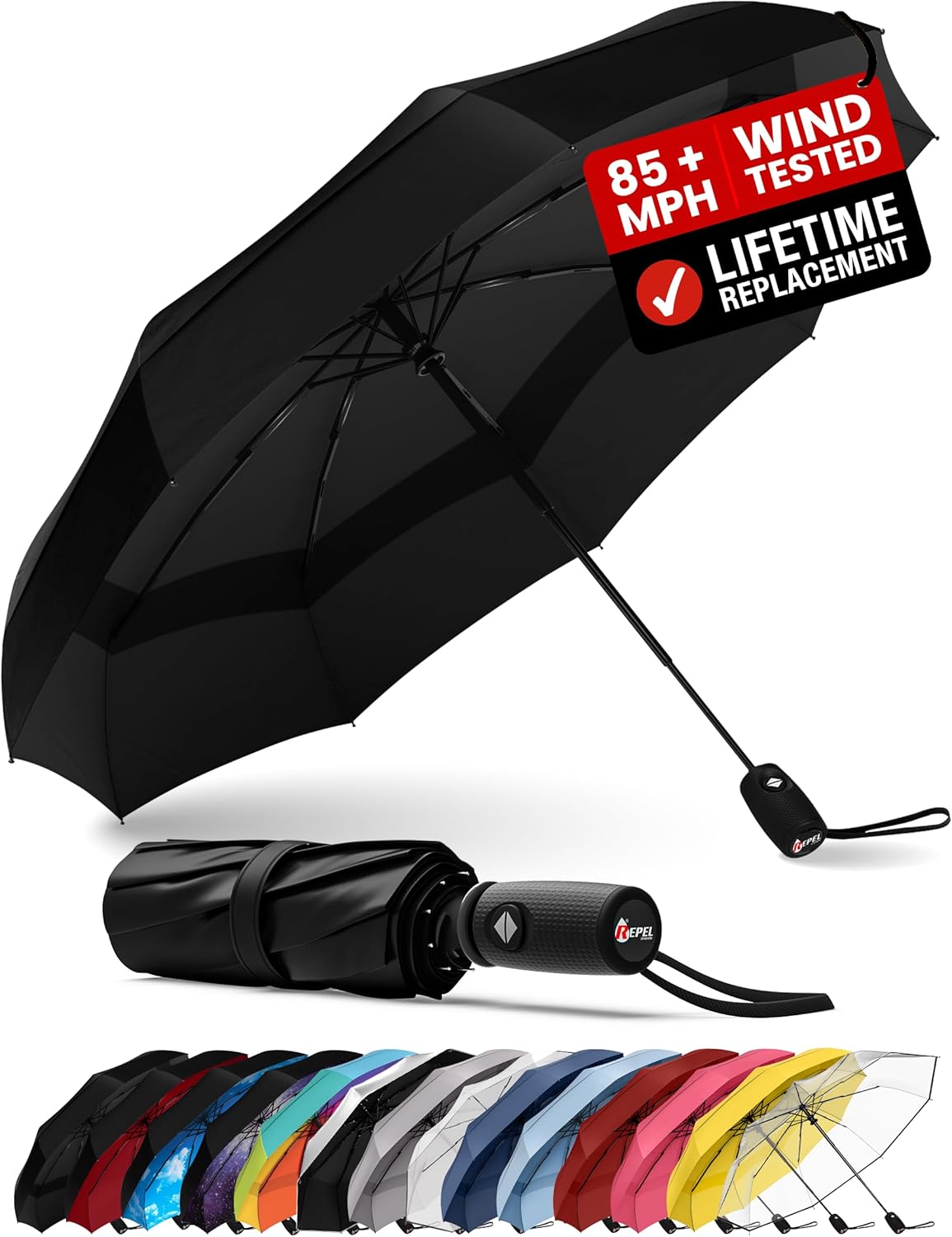 REPEL Windproof Travel Umbrella - Compact & Withstands Winds up to 85MPH , Stron...