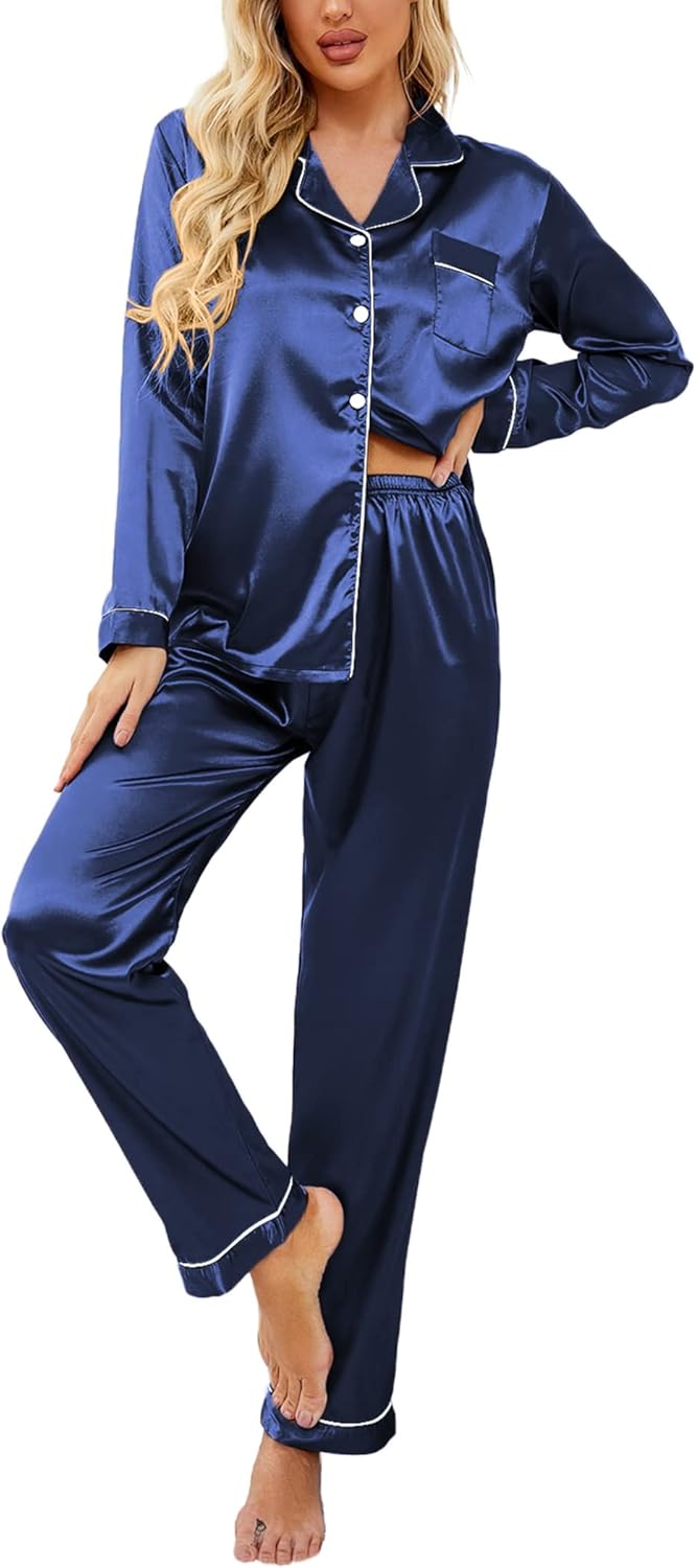 Ekouaer Women's Classic Button Down Long Satin Silk Pajama Set Navy Blue Small