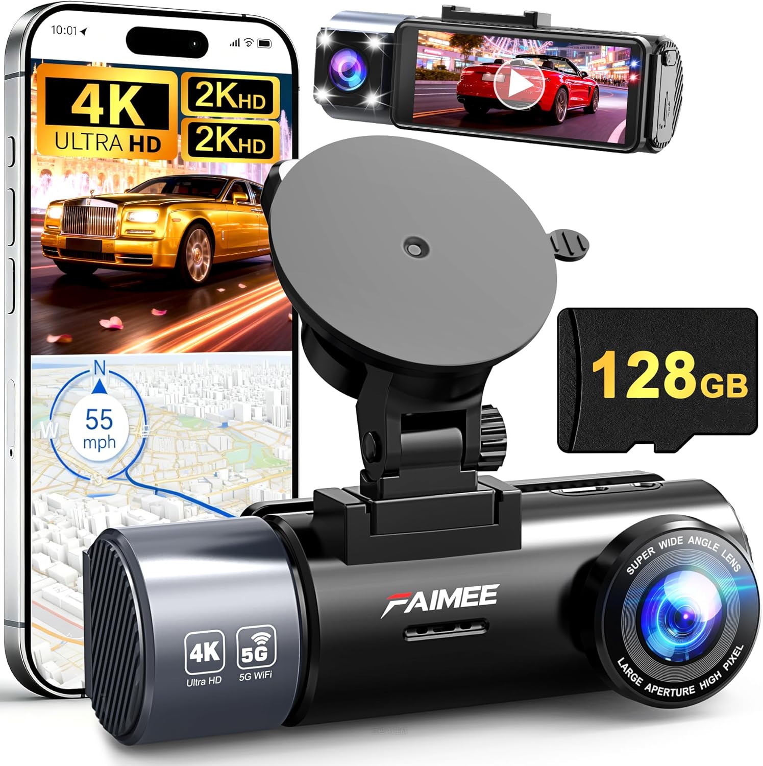 4K Dash Cam Front and Rear with GPS, Upgraded 5.8G WiFi, 3 Channel Dash Camera f...