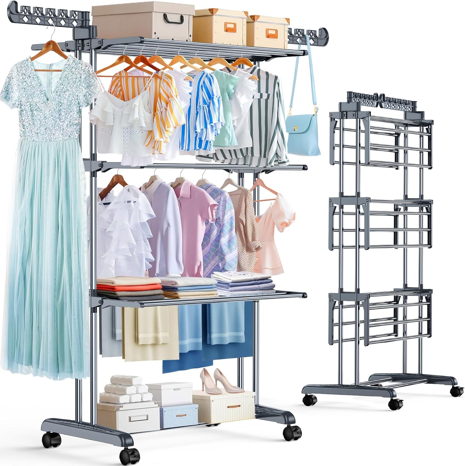Thicken & Durable Clothes Airer, Extra Large 4-Tier Capacity Foldable Clothes Dr...
