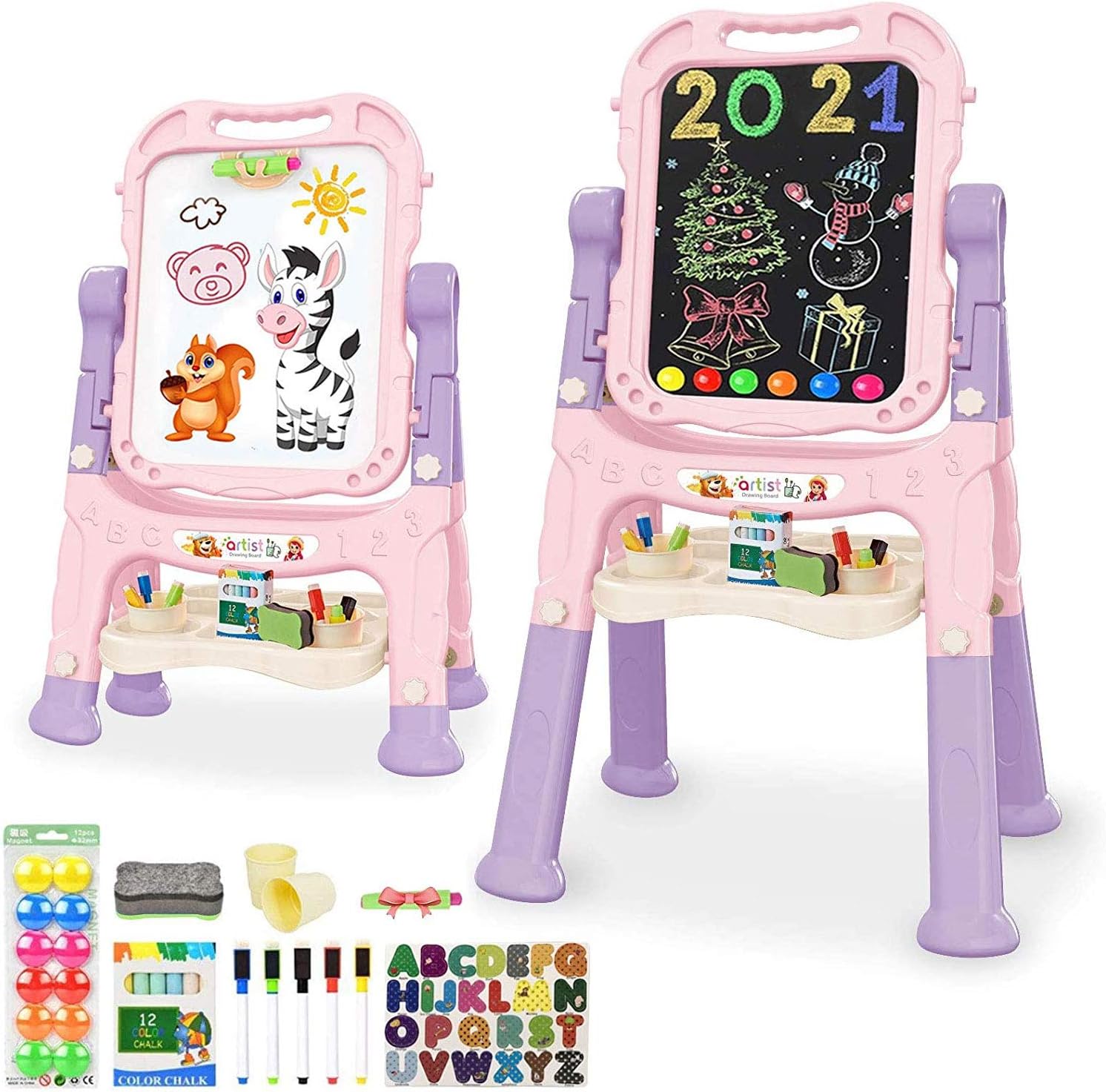 Art Easel for Kids, Adjustable Standing Rotatable Double Sided Easel with Painti...