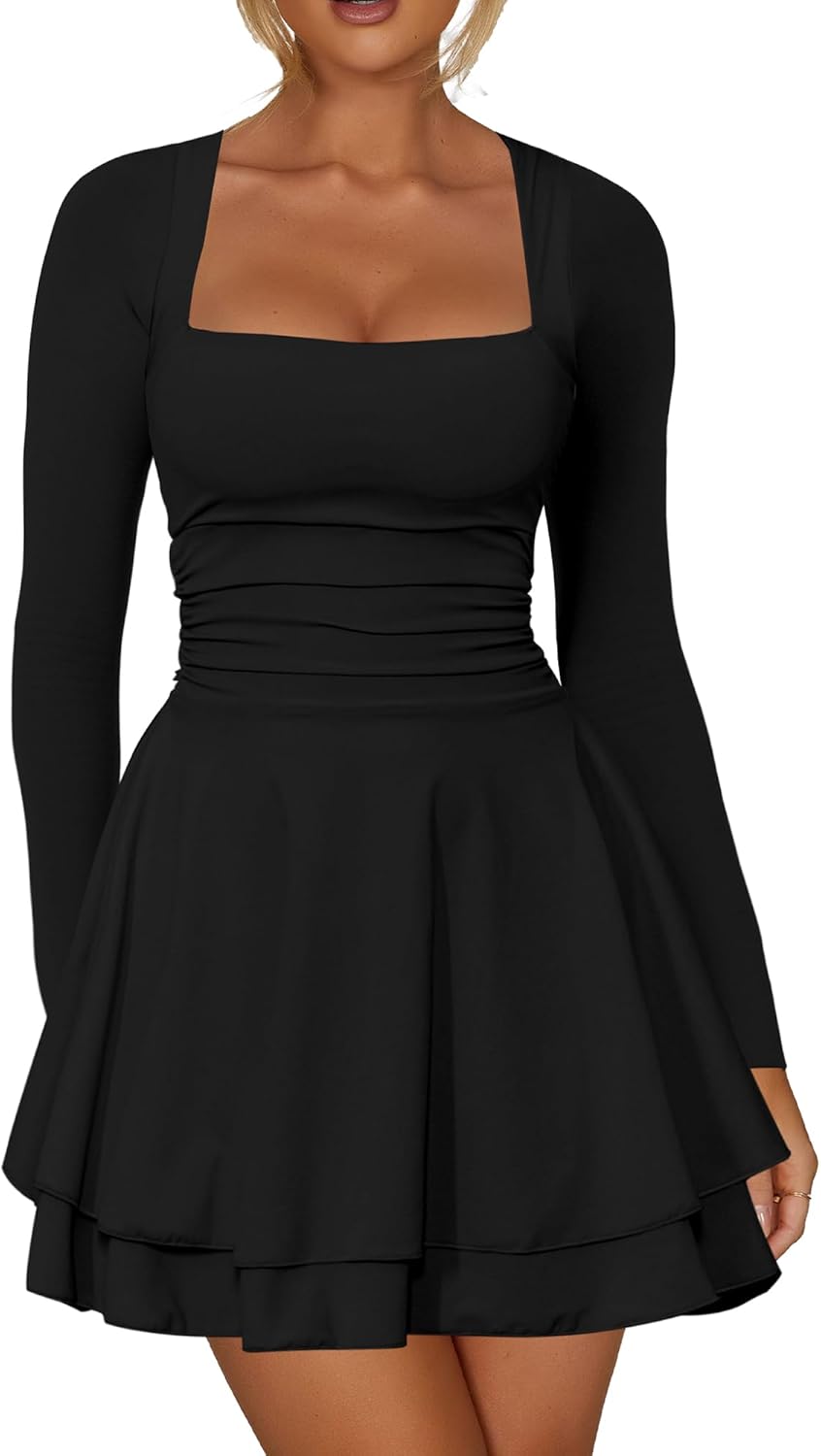 Kaximil Women's Square Neck Ruffle Hem Mini Dress Ruched Waist Long Sleeve Corse...