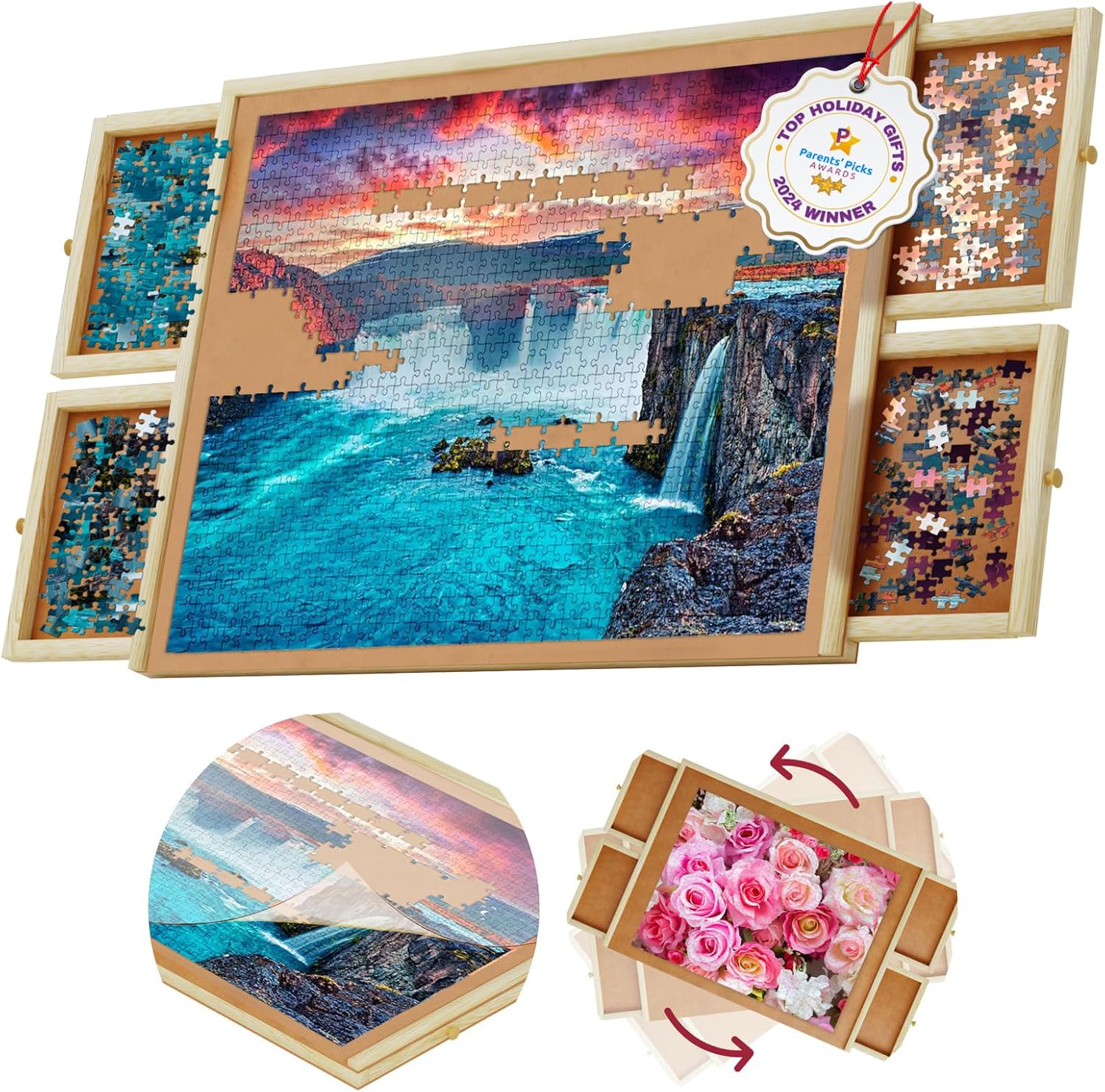 1000 Piece Rotating Puzzle Board with Drawers and Cover - 4 Drawers, Wooden Jigs...