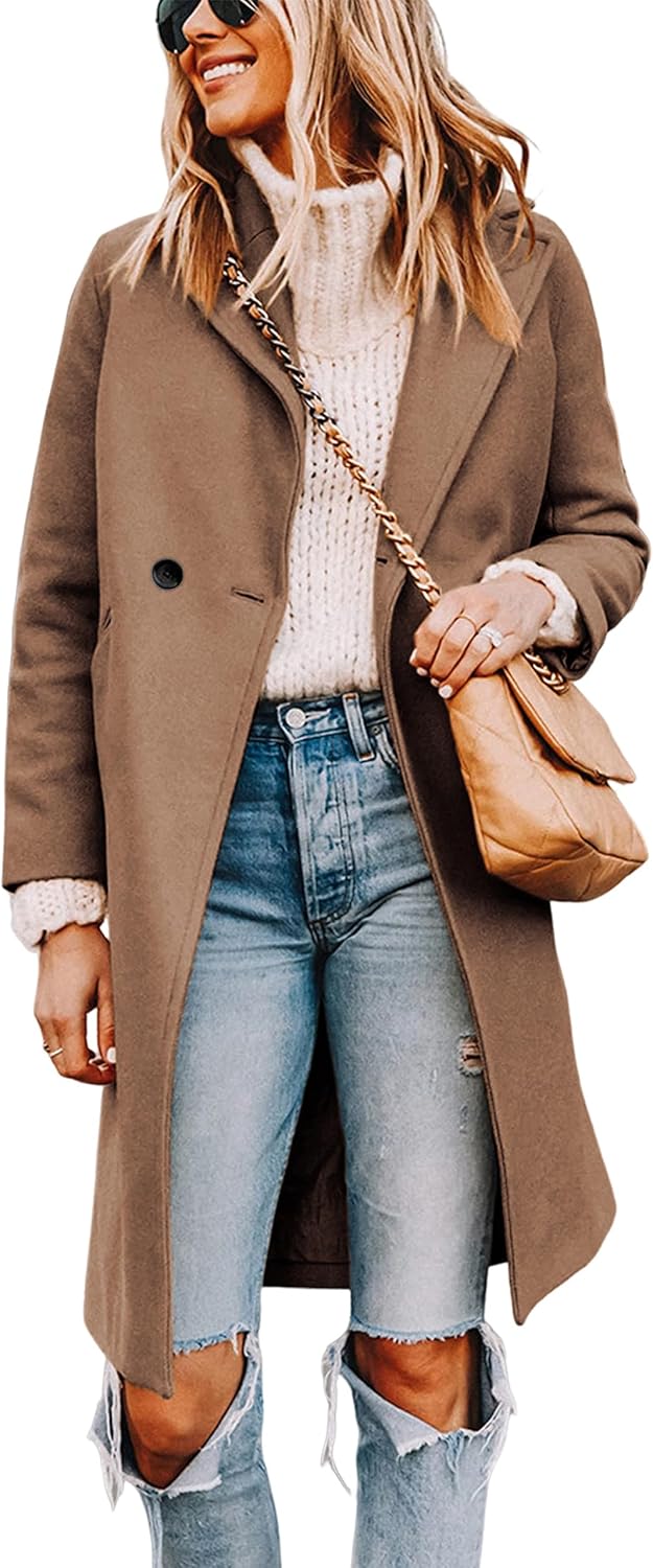 Tanming Women's Notch Lapel Double Breasted Wool Blend Mid Long Pea Trench Coat...