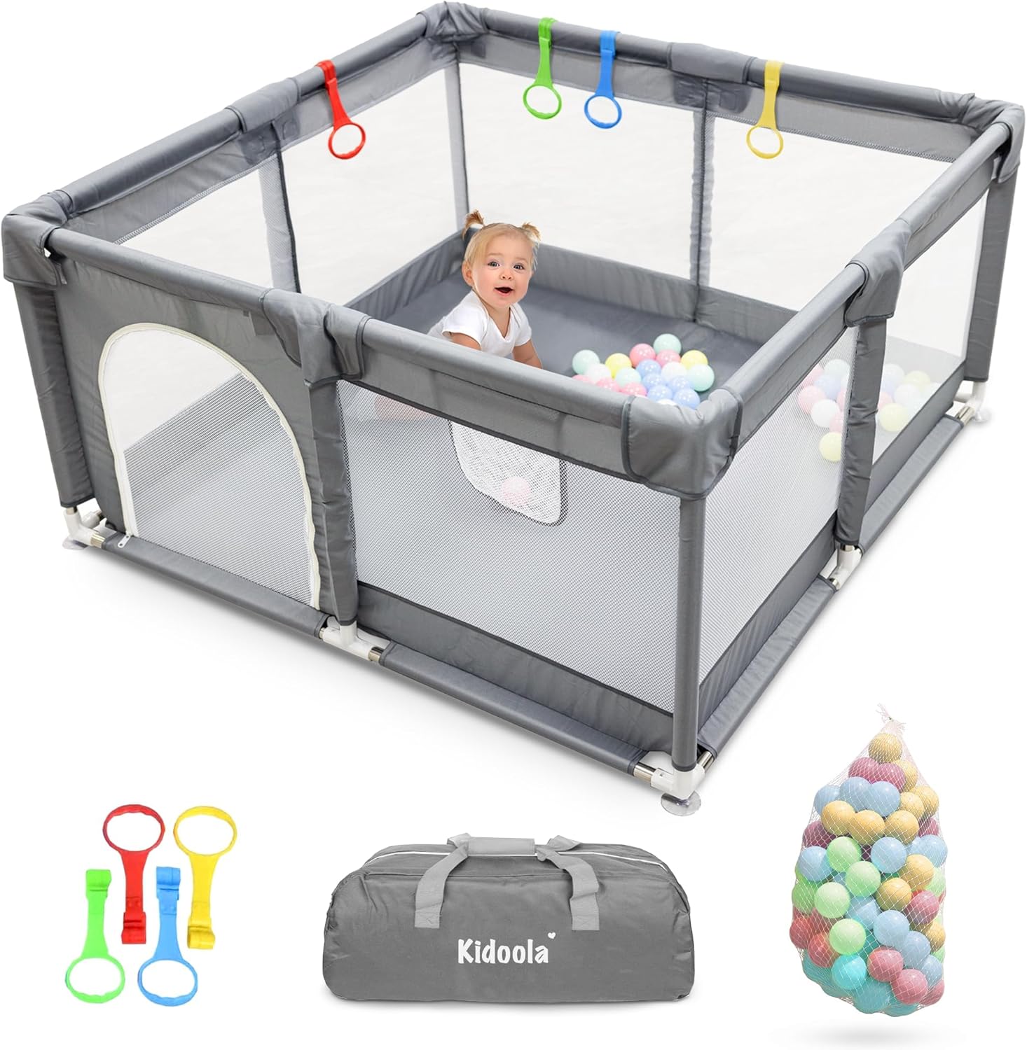 Kidoola Baby Playpen with Padded Frame & Mesh Walls, Balls & Pull Rings Included...