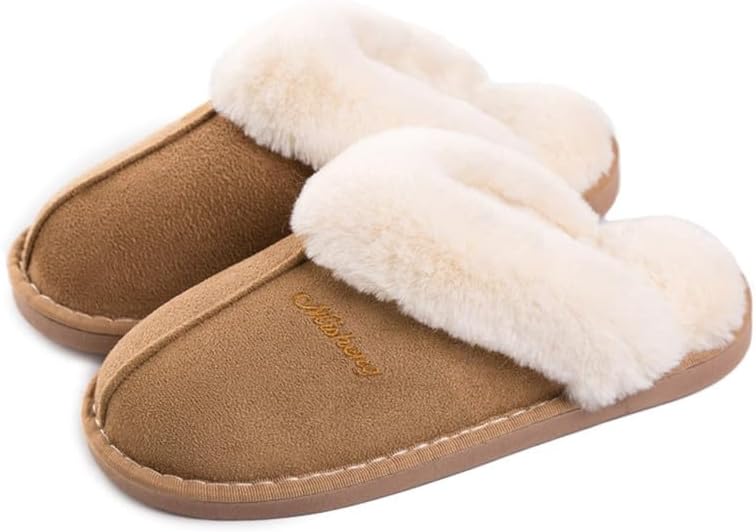 Womens Slipper Memory Foam Fluffy Slip-on House Suede Fur Lined/Anti-Skid Sole,...