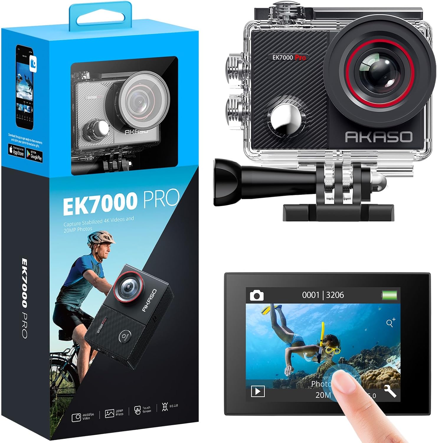 AKASO EK7000 Pro 4K Action Camera - Touch Screen EIS Adjustable View Angle 40m W...