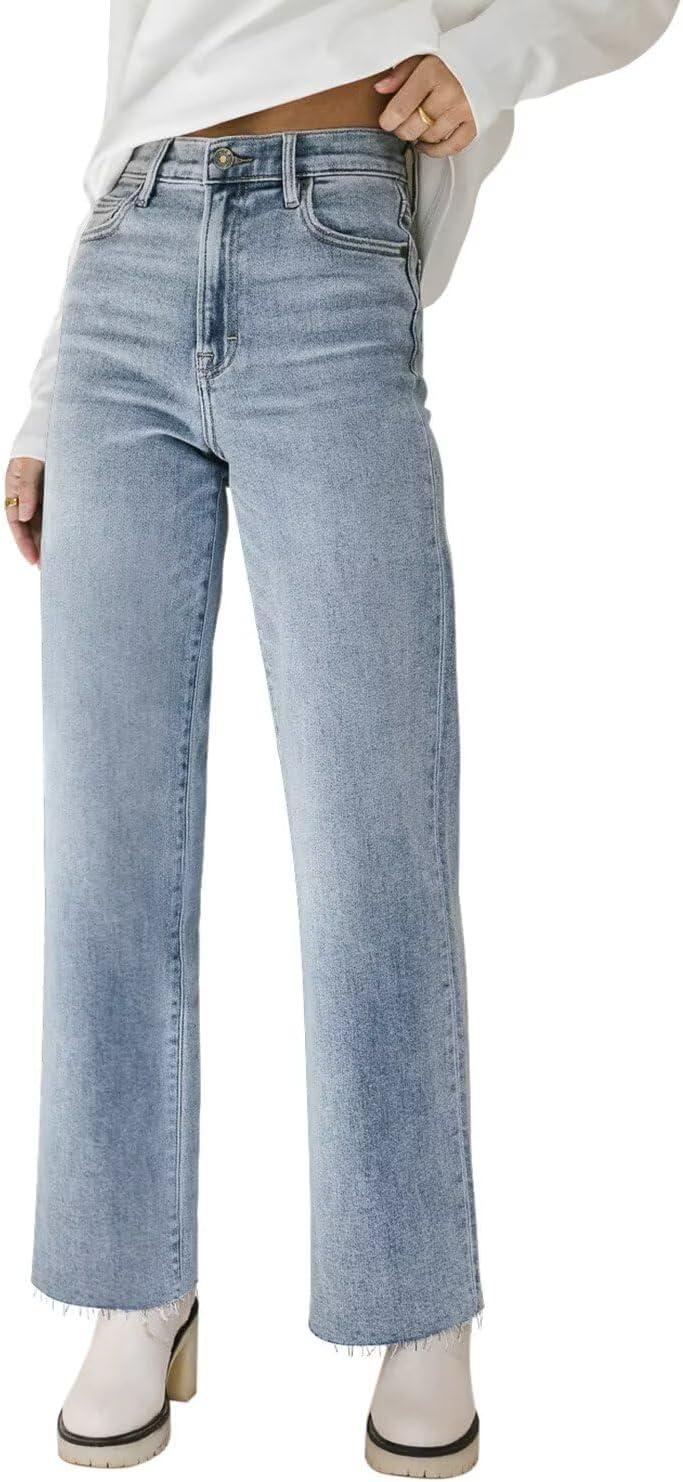 KDF Straight Leg Jeans, Special High Waisted Jeans for Women, Innovative Frayed...