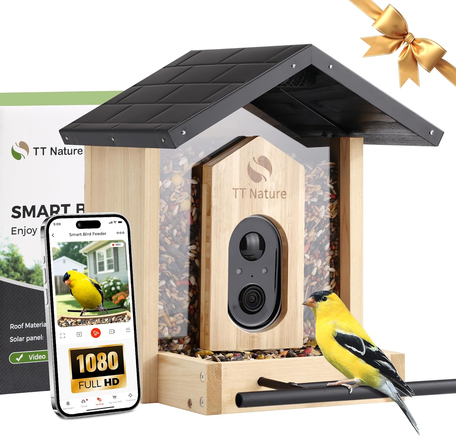 TT Nature Bird Feeder with Camera, Upgraded 1.5L Smart Birdhouse Al Identify for...