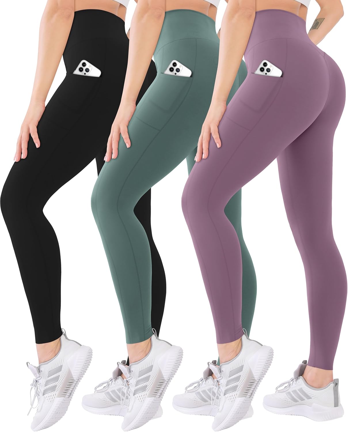 Blisset 3 Pack High Waisted Leggings for Women with Pockets Soft Active Tummy Co...