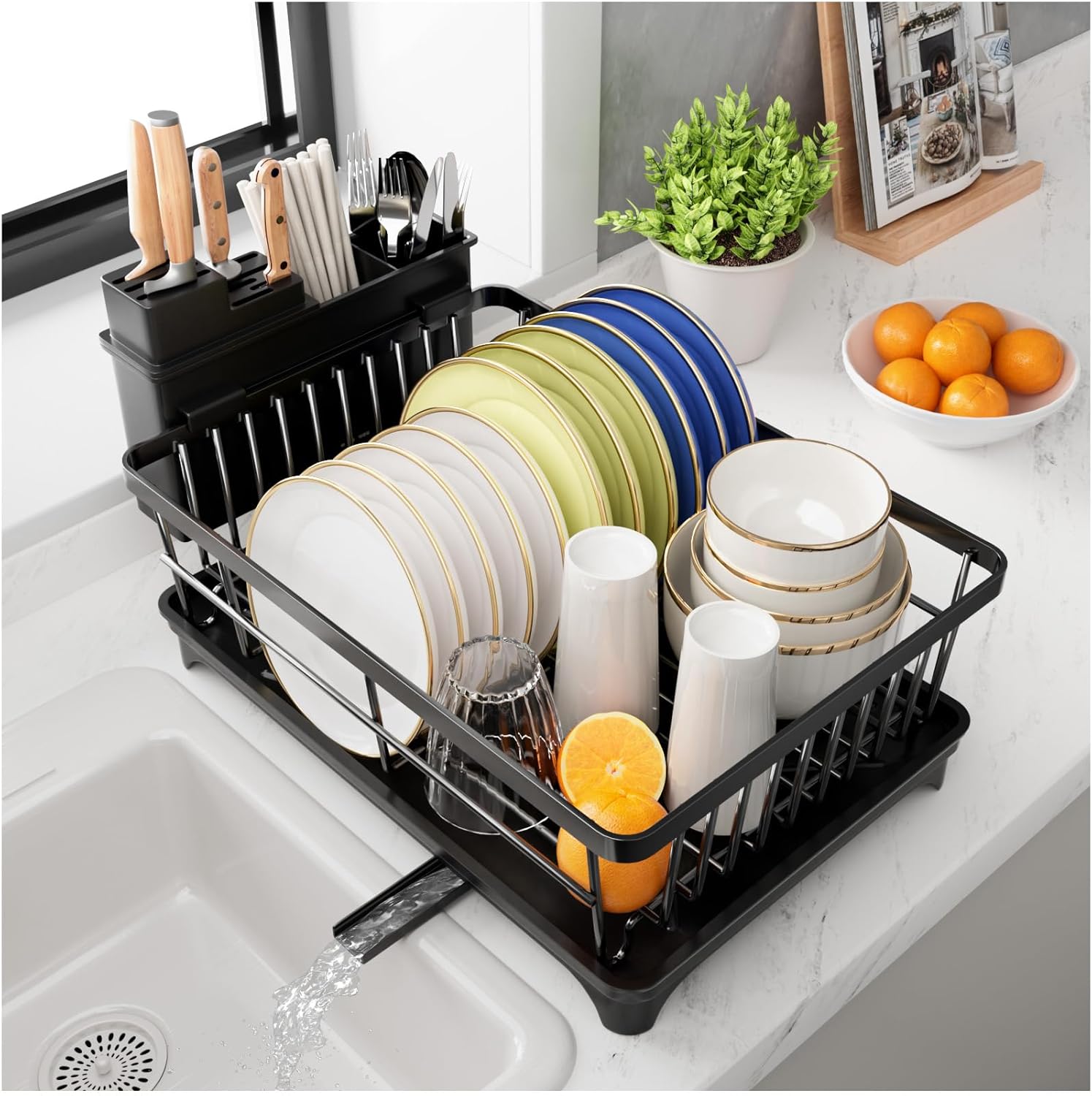 Dish Drainer Rack - Space-Saving Dish Rack with Utensil Holder for Kitchen Count...