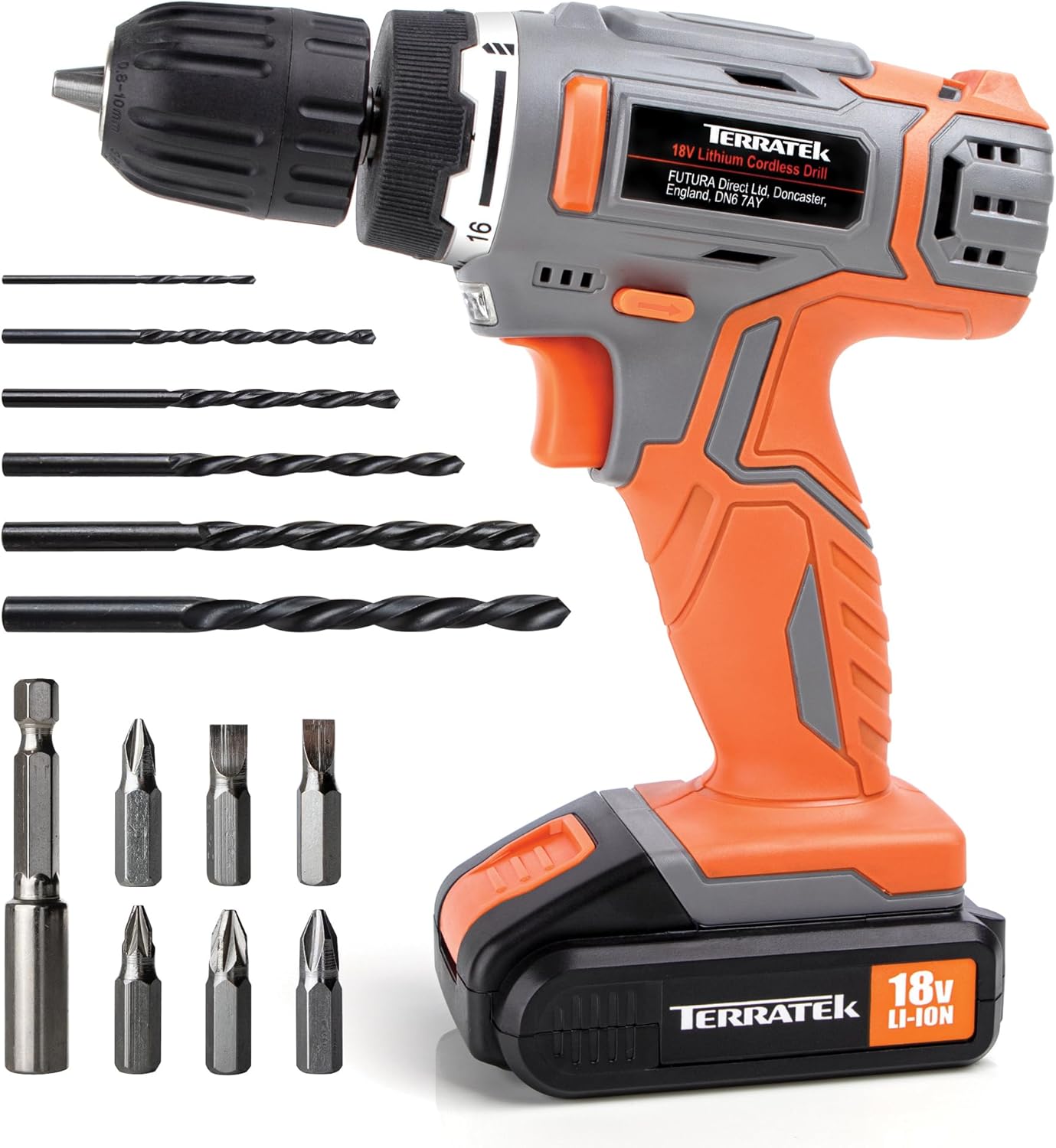 Terratek Cordless Drill Driver 18V Lithium-Ion, 13Pc Electric Screwdriver Set, L...