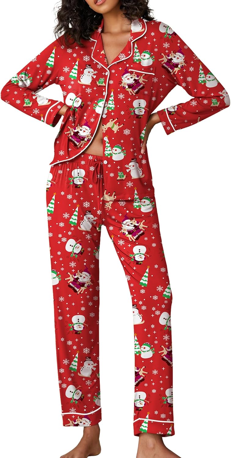 Christmas Special Ekouaer Pajamas, Women's Long Sleeve Sleepwear, Soft Button Do...