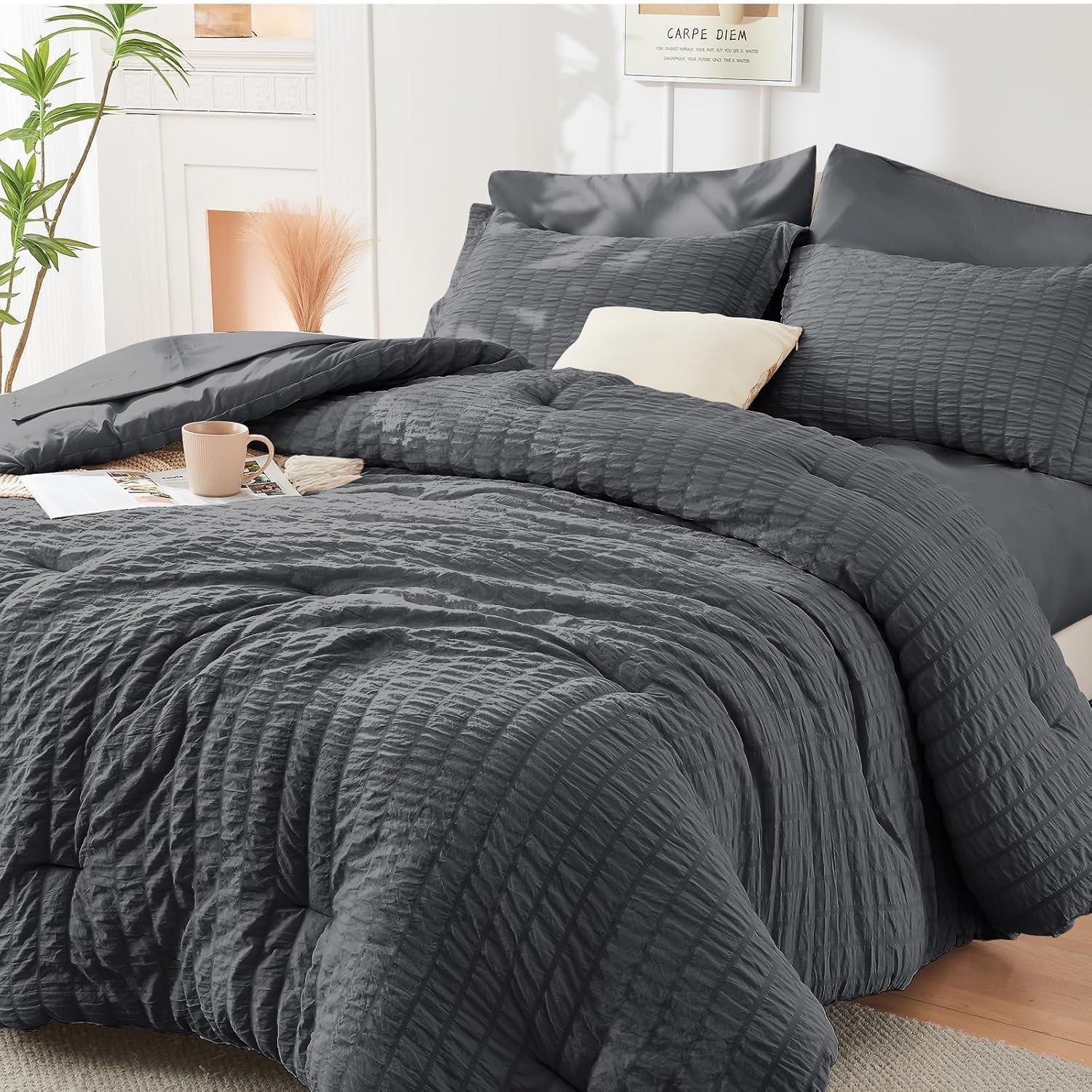 HYMOKEGE Full Size Comforter Sets Seersucker 7 Pieces, All Season Luxury Bed in...