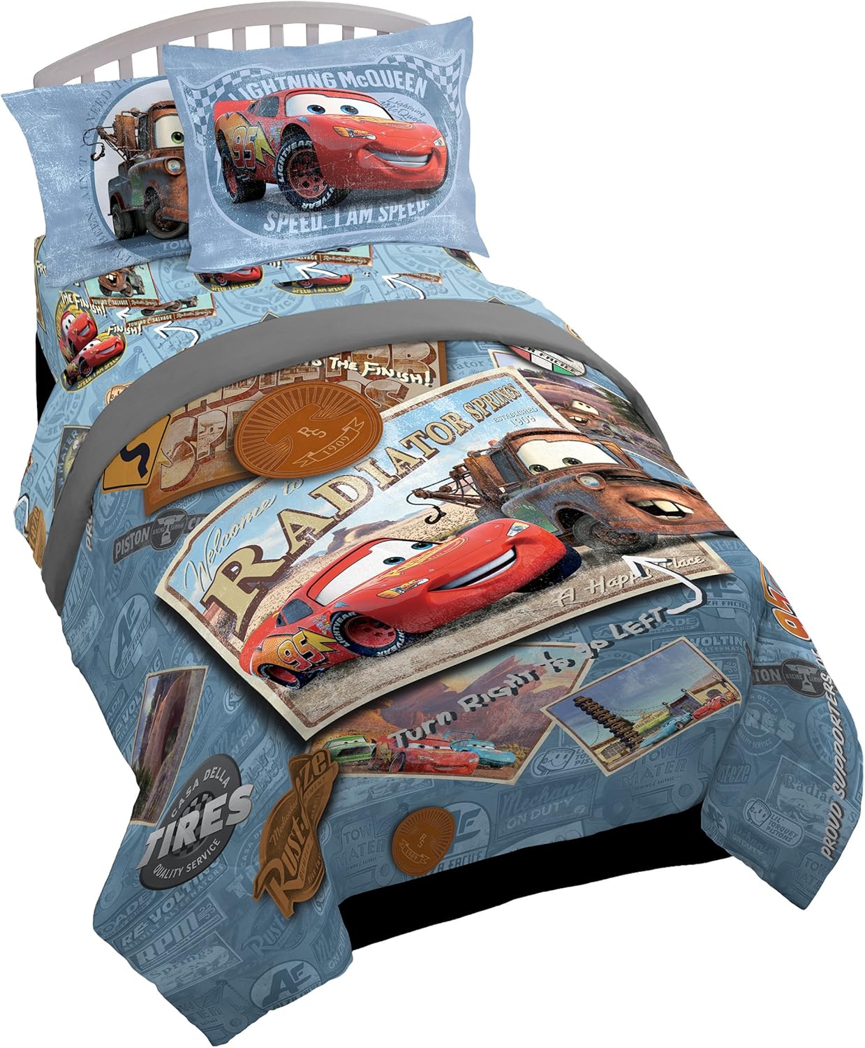 Jay Franco Disney/Pixar Cars Tune Up Blue/Gray 5 Piece Twin Bed in A Bag with Li...