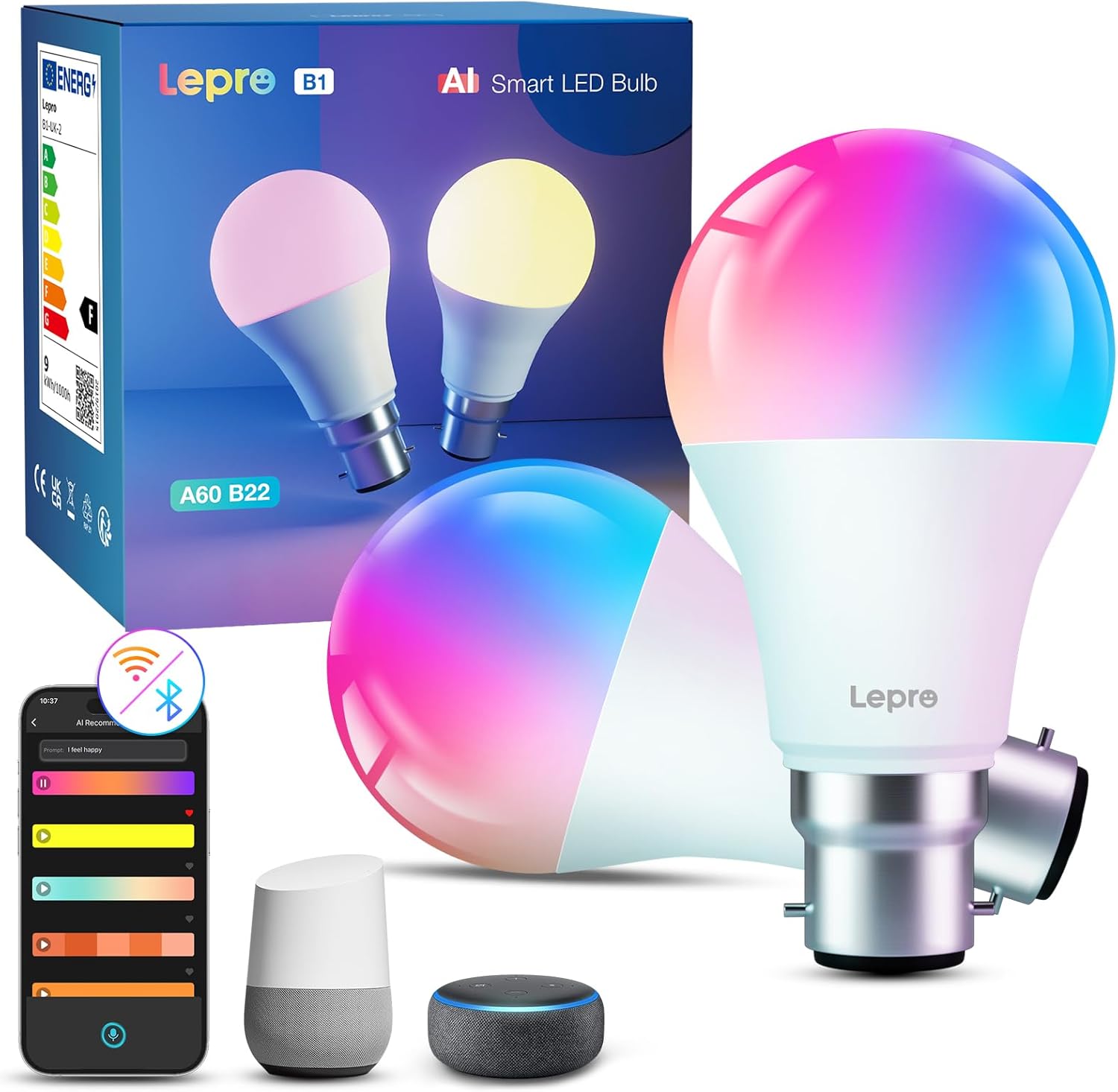 Lepro AI Smart Bulb B22, Music Sync Bayonet WiFi Bulb, Colors Changing Light Bul...