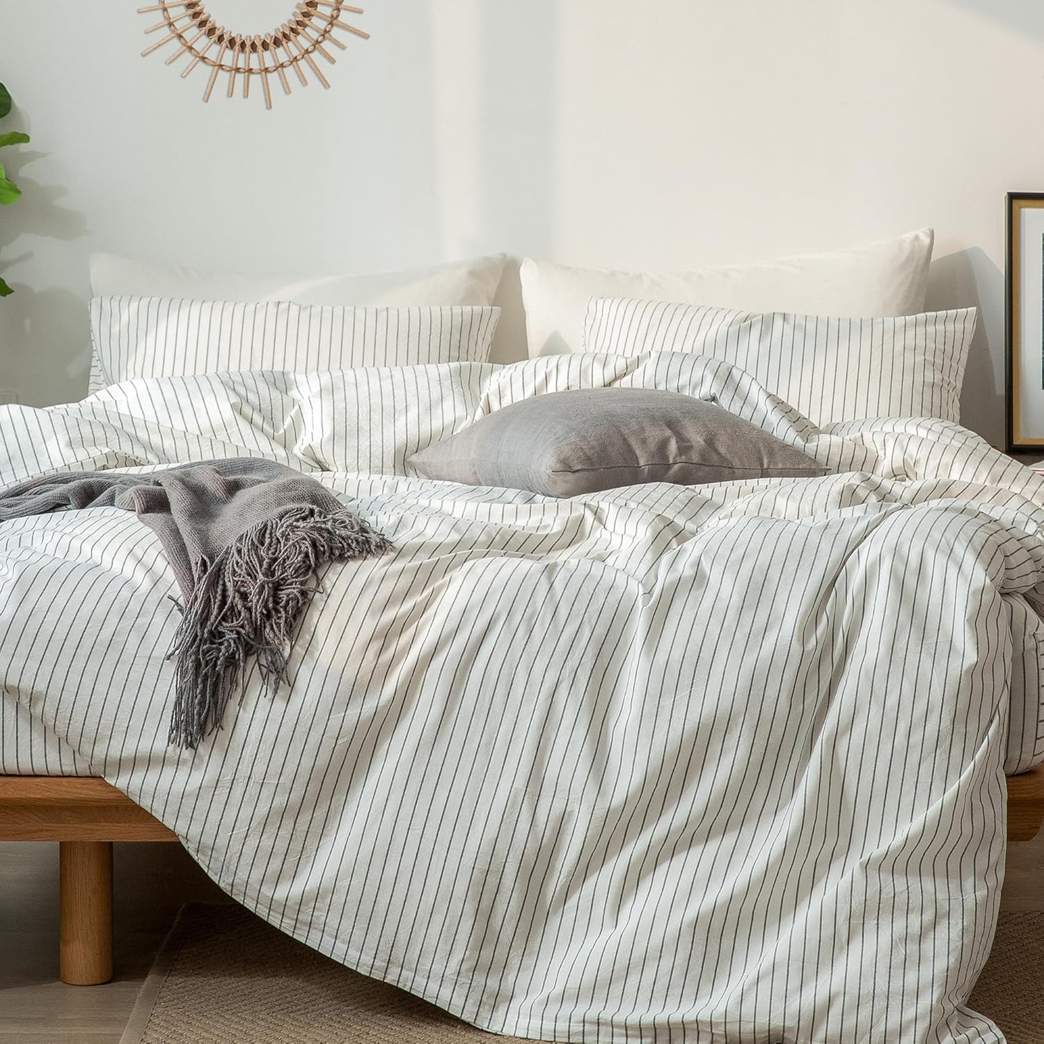MooMee Striped Duvet Cover Set 100% Washed Cotton Linen Like Textured Breathable...