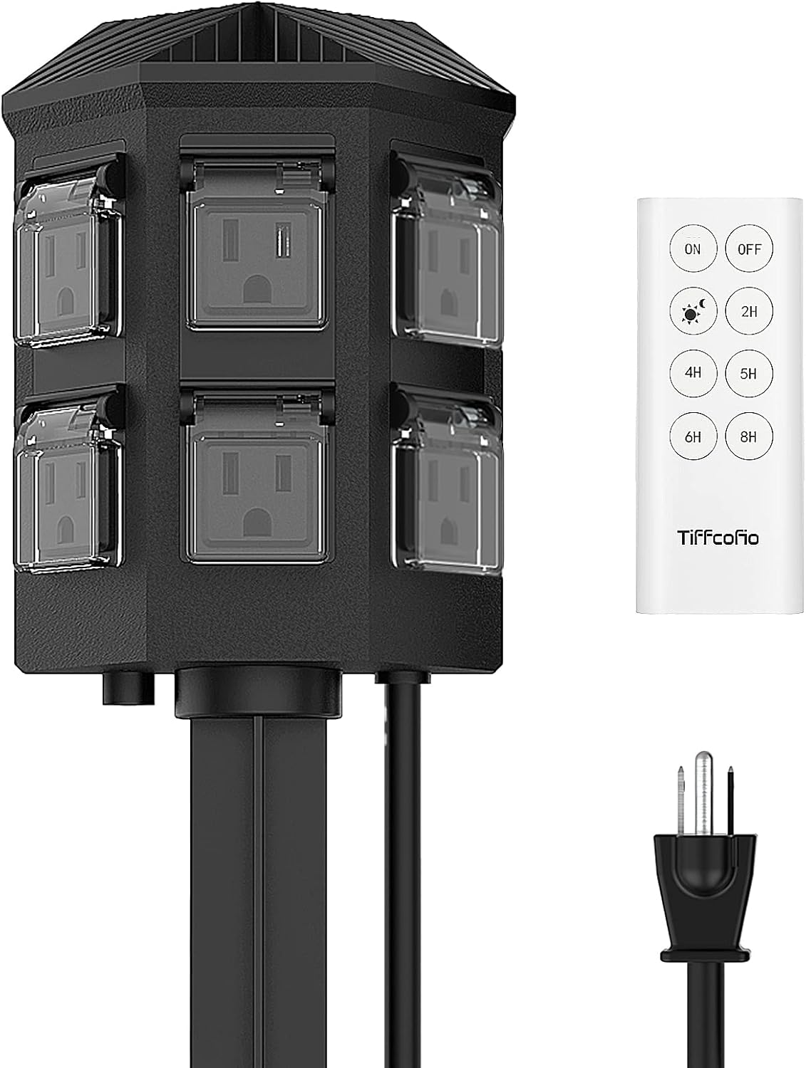 TiFFCOFiO Outdoor Power Stake Timer, 100FT Remote Control, Dusk to Dawn Christma...