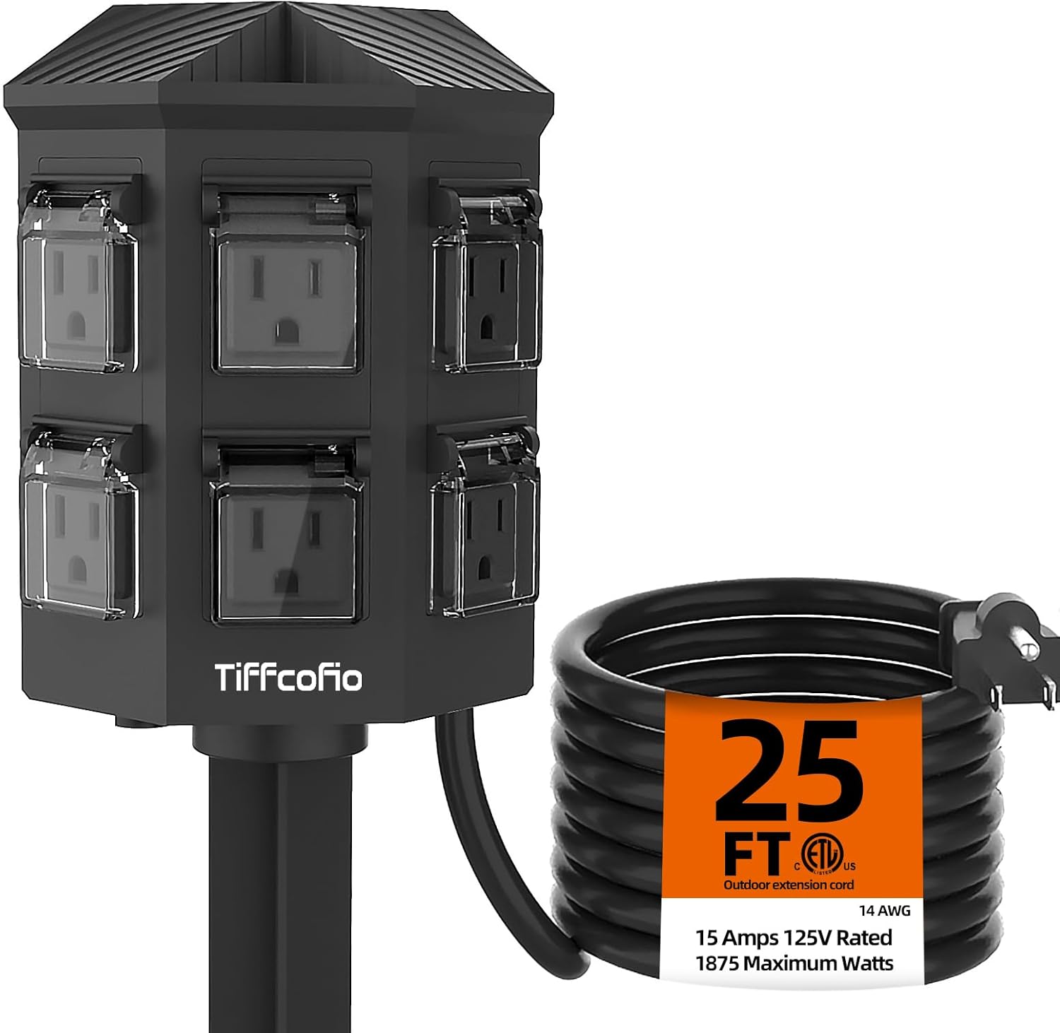 TiFFCOFiO Outdoor Power Strip Weatherproof, 25 FT Extension Cord with Stake, 6 G...