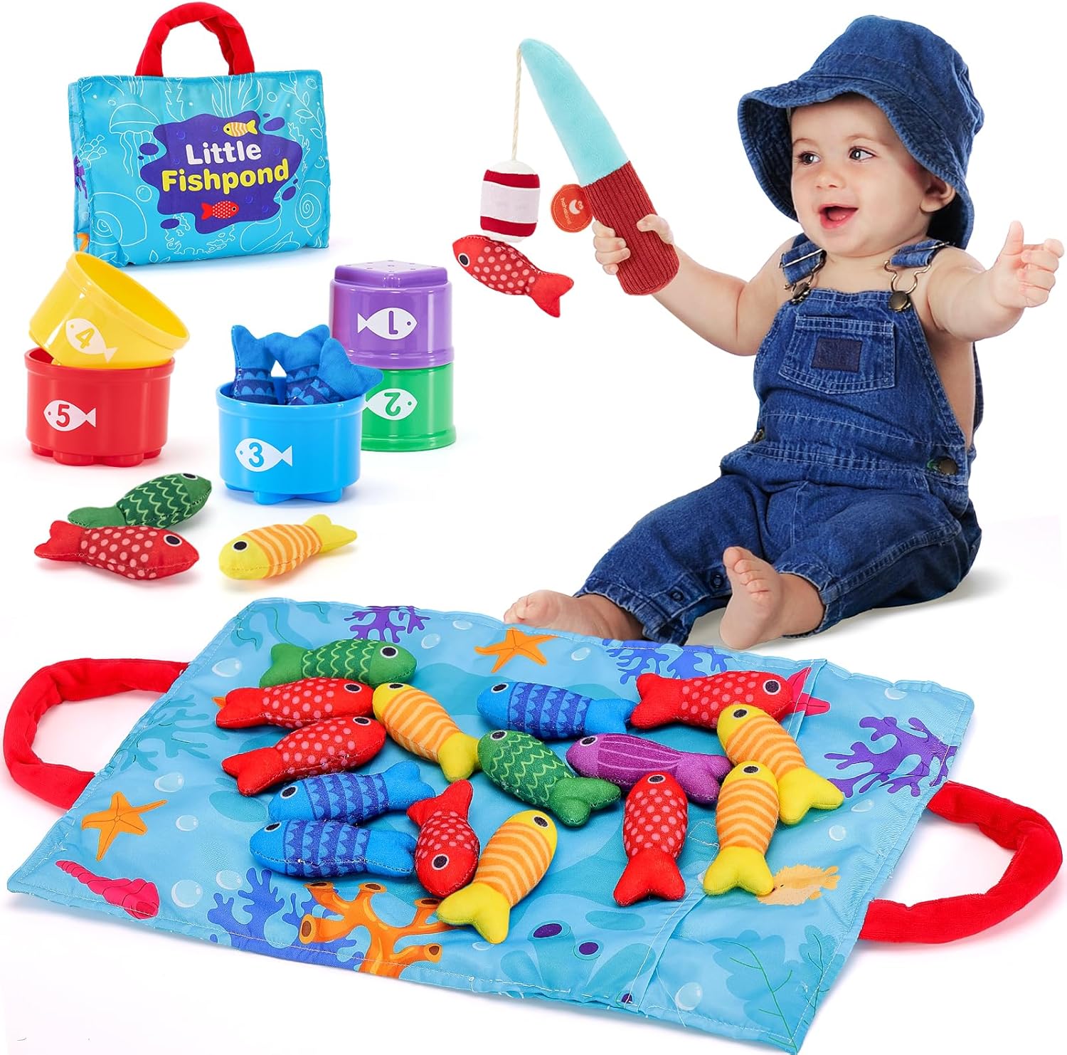 hahaland Montessori Toys for 1 Year Old, 10 in 1 Fabric Fishing Game for Kids Ba...
