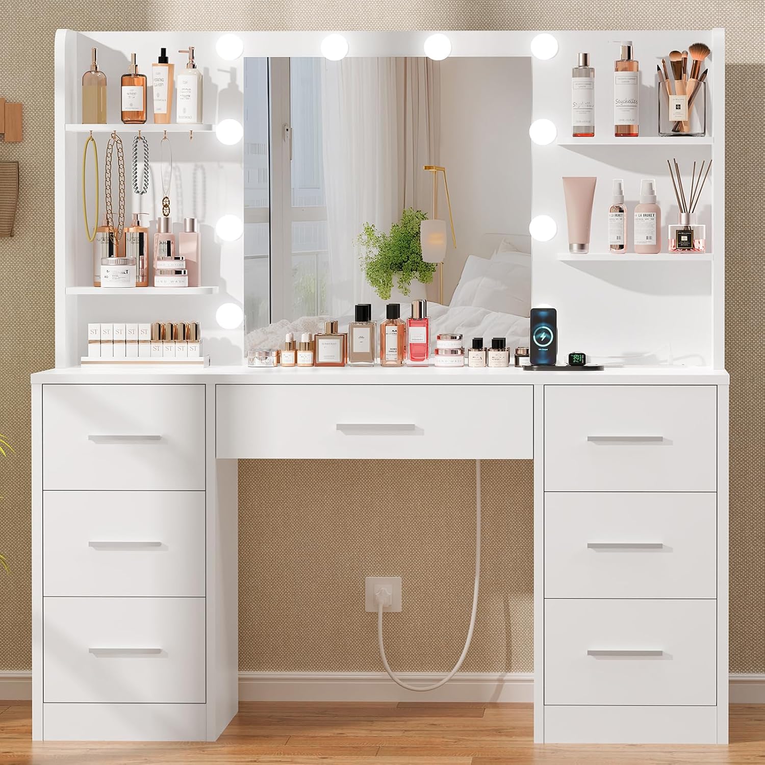 Quimoo Large Vanity Desk, Special Vanity Desk with LED Lighted Mirror