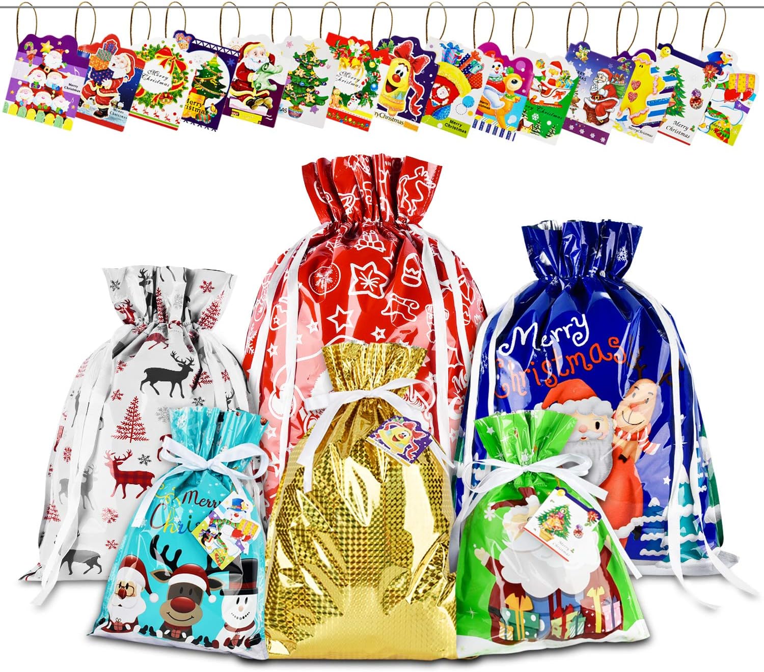 AUERVO 30pc Christmas Drawstring Gift Bags with Tags, 6 Designs, 4 Sizes - X-Lar...