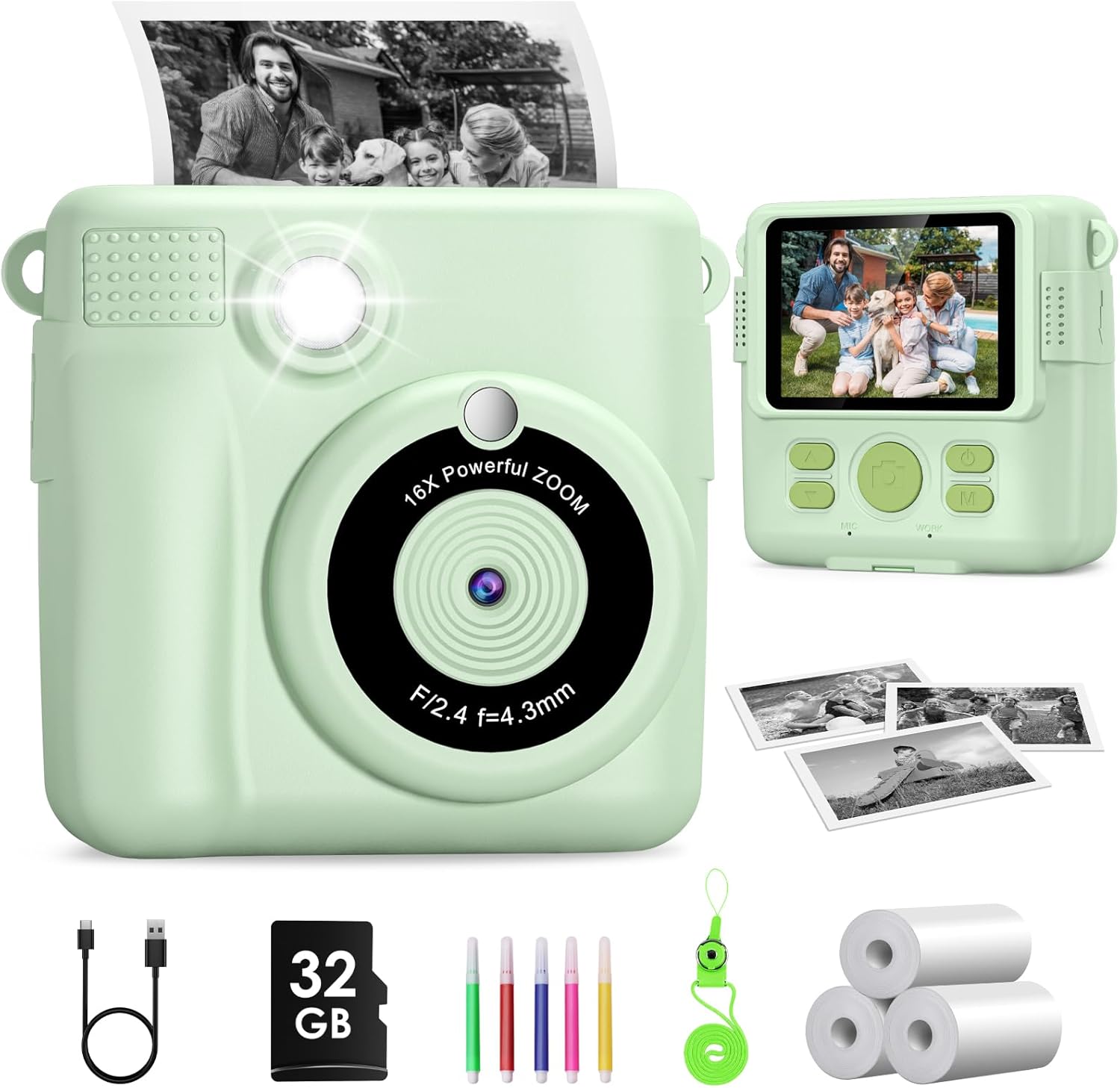Kids Camera, Instant Camera for Kids 1080P 2.4 Inch with 32GB Card, 3 Rolls Prin...