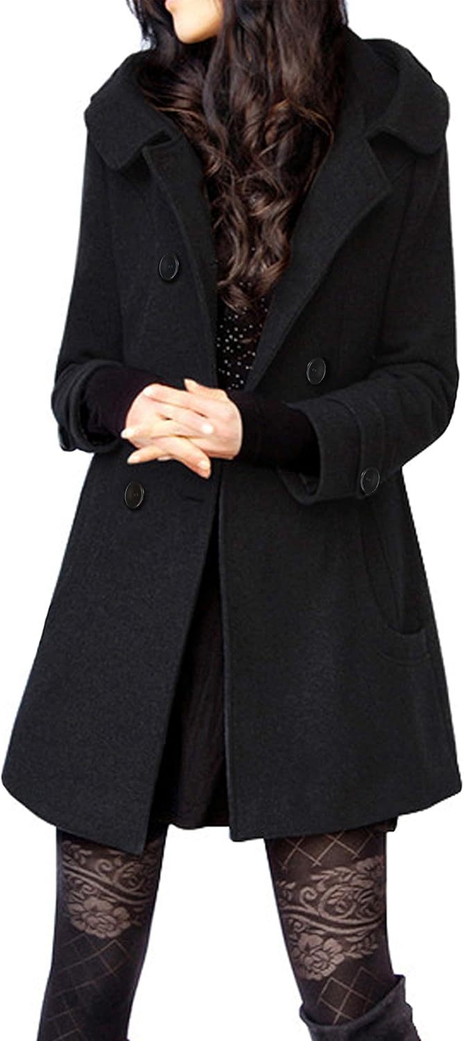 Tanming Women's Warm Double Breasted Wool Pea Coat Trench Coat Jacket with Hood...